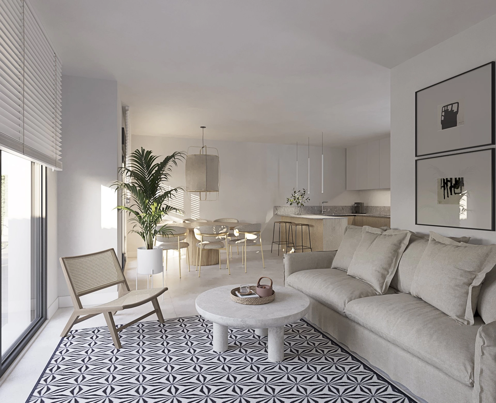 De open woon- en eetruimte vloeit naadloos samen en creëert een perfecte plek voor vermaak.