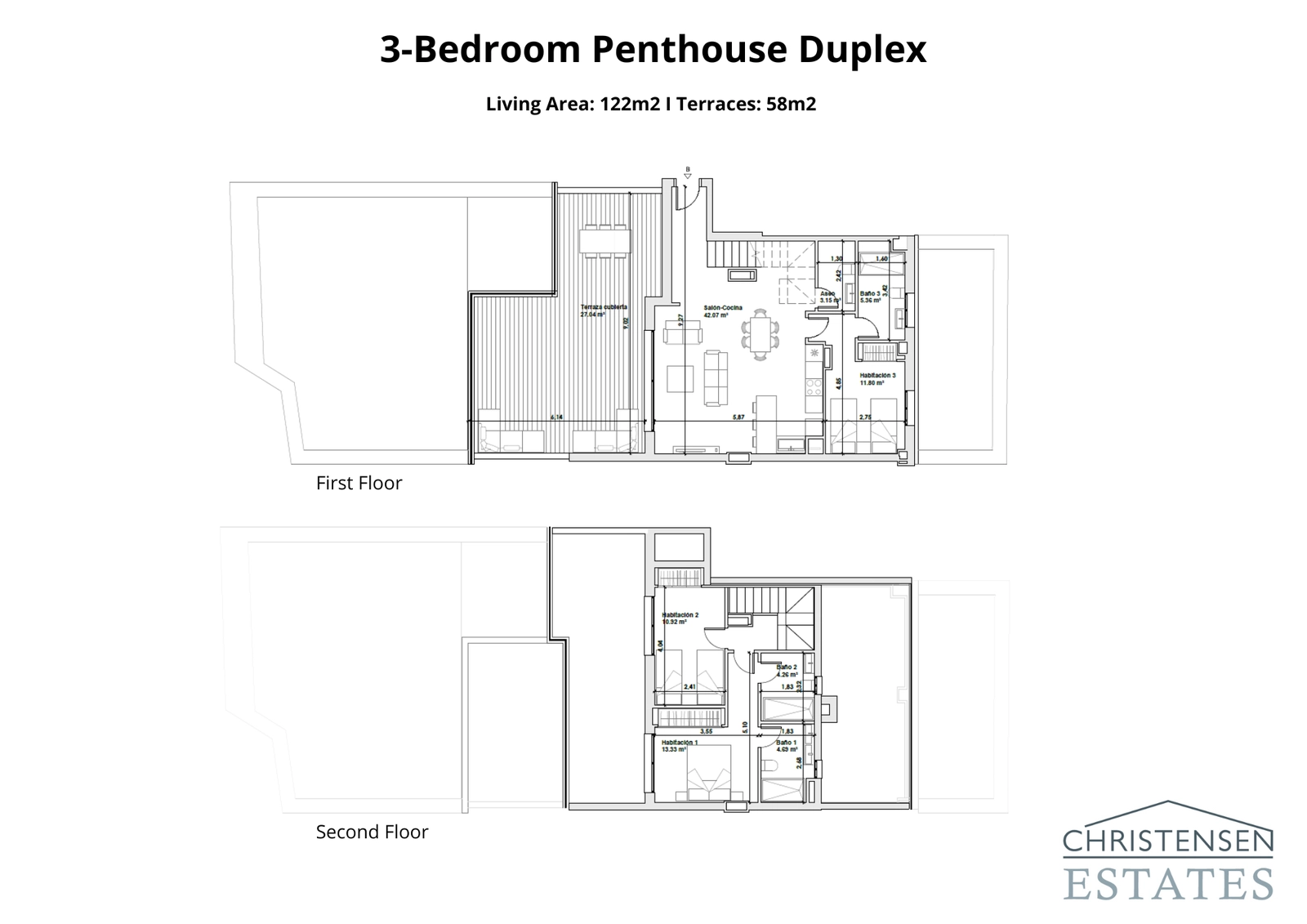 Ontdek het ontwerp van deze duplex penthouse met drie slaapkamers over twee verdiepingen, met uitgestrekte terrassen op de eerste verdieping en privé slaapvertrekken erboven voor optimaal comfort en privacy.