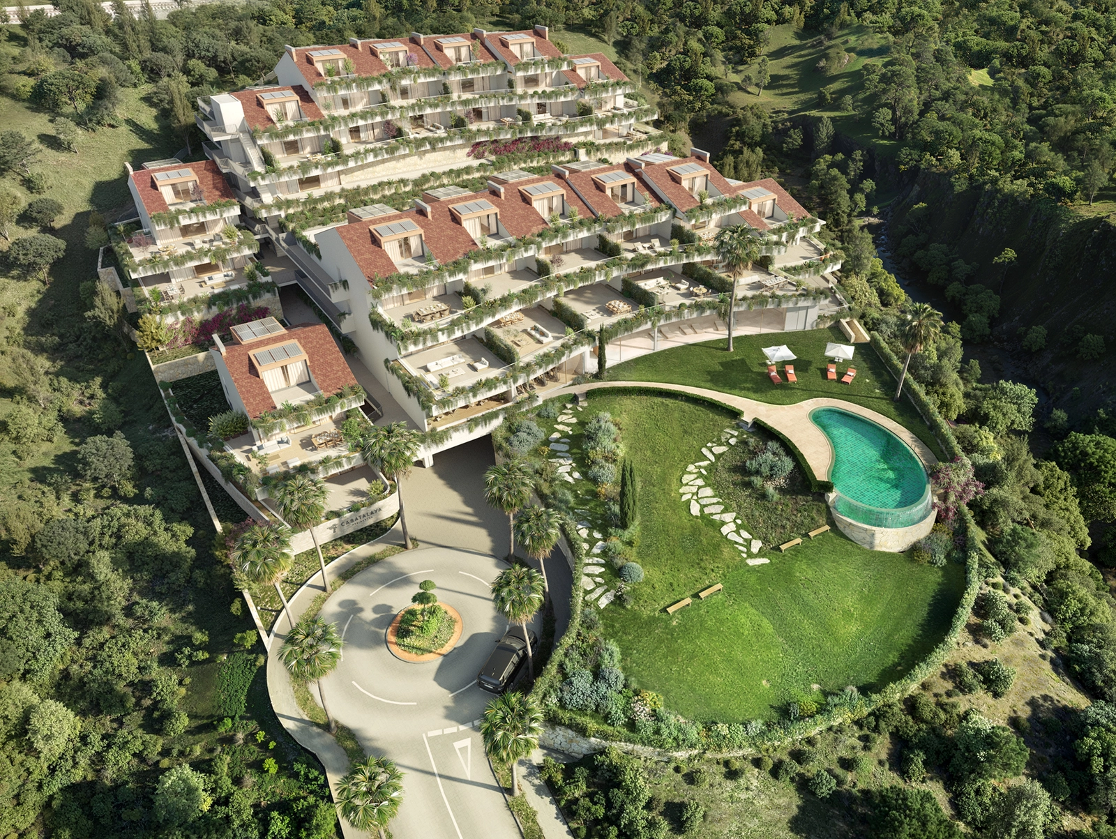 Een indrukwekkend uitzicht op het gehele complex, waarbij de unieke terrasvormige architectuur en groene omgeving worden benadrukt.