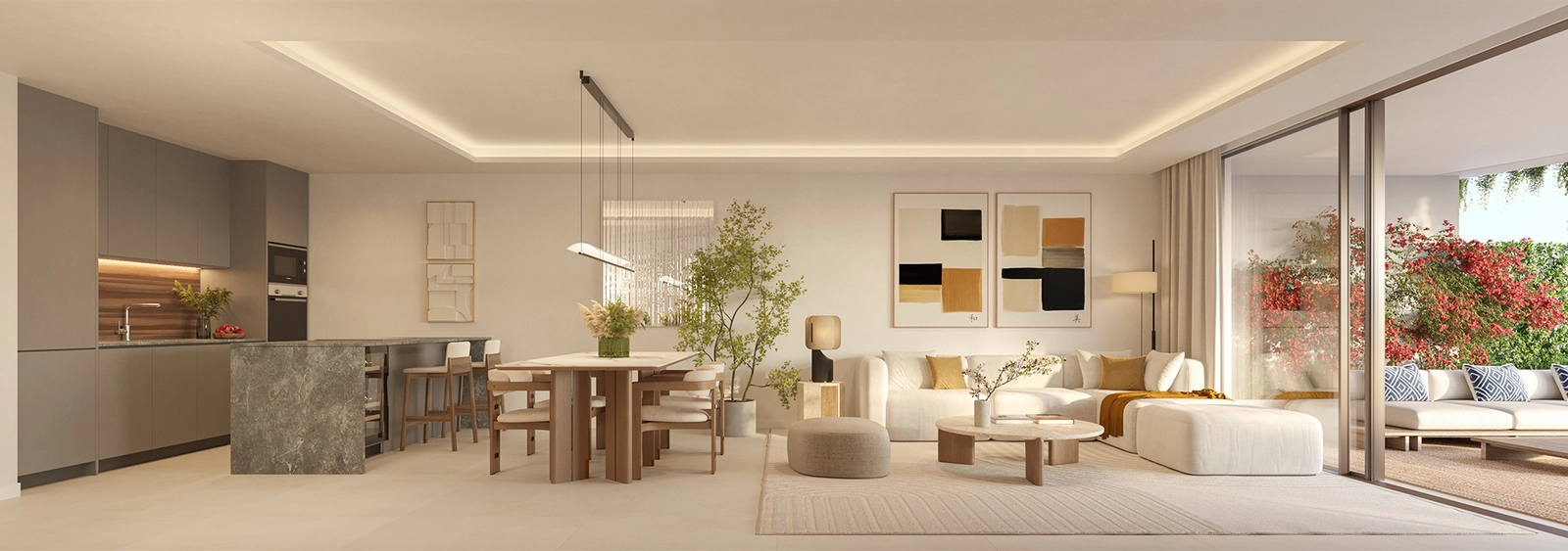 Ruime open woonruimtes ontworpen voor comfort, die naadloos aansluiten op het terras.