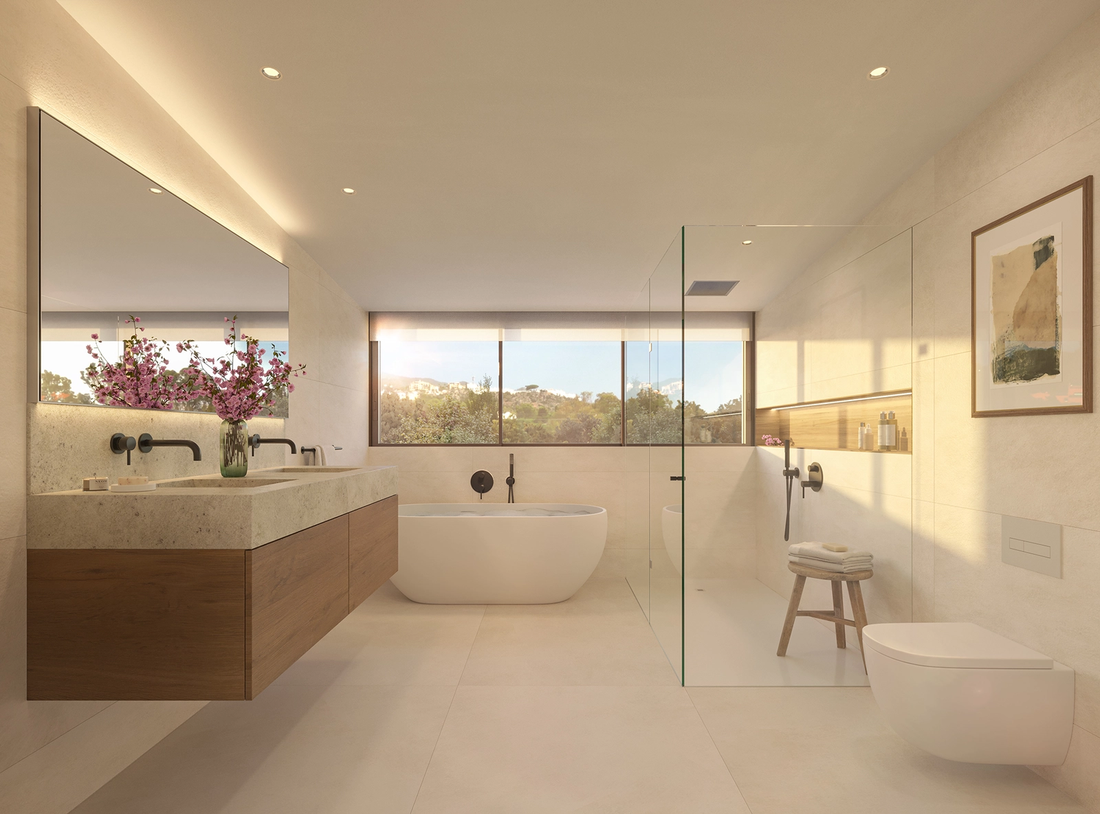 Een verfijnde badkamer met hoogwaardige materialen en een serene, spa-achtige sfeer.