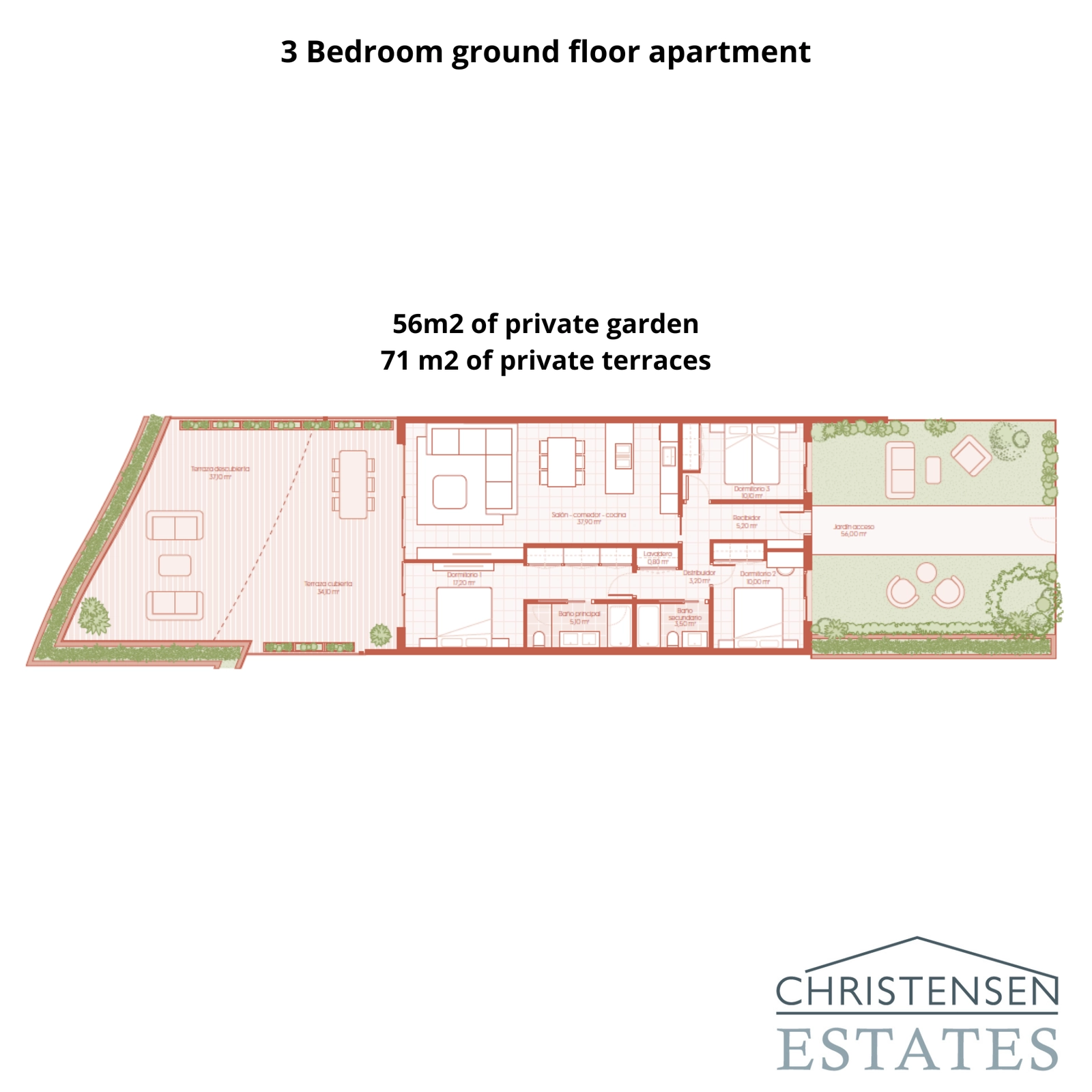 Deze indeling van het driekamerappartement op de begane grond biedt ruime interieurs die aansluiten op een royaal terras en een privétuin, perfect voor buitenleven.