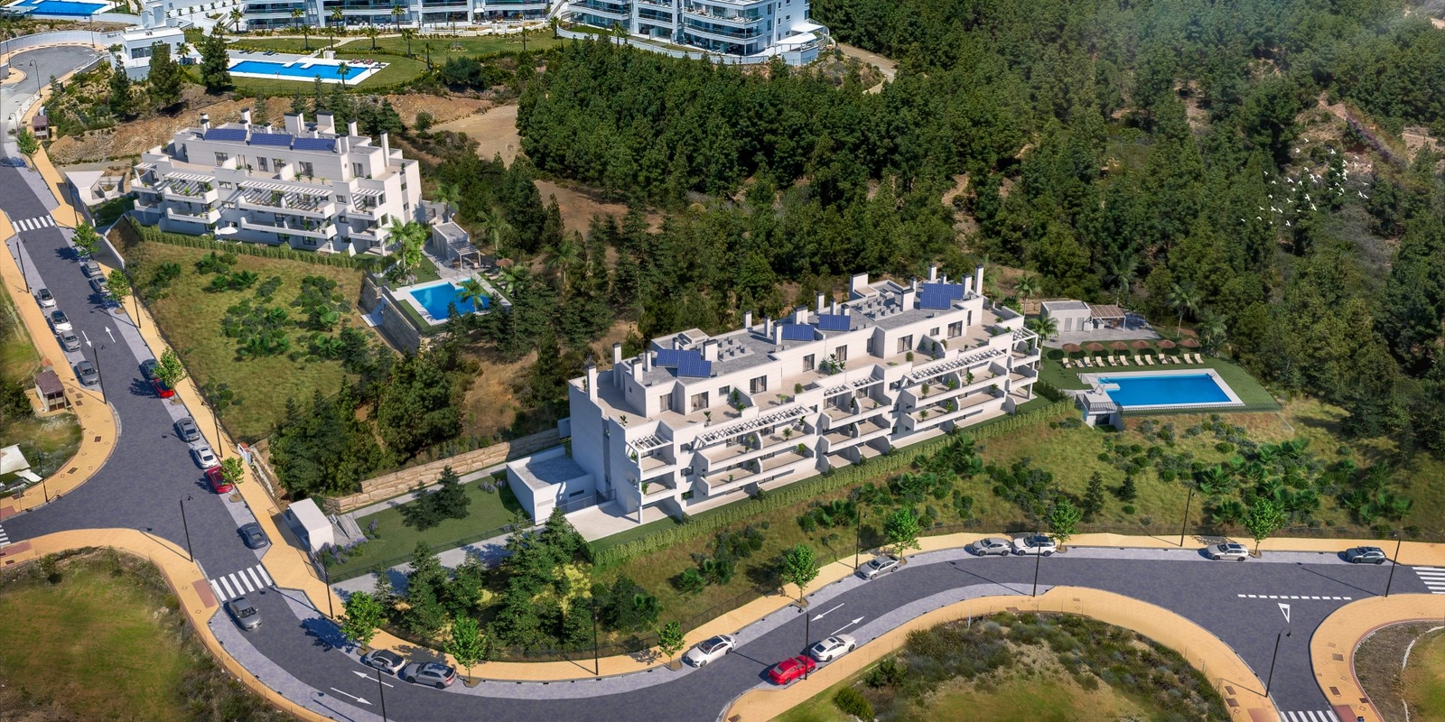 Een luchtfoto van dit exclusieve project, genesteld in de groene heuvels van Mijas Costa.