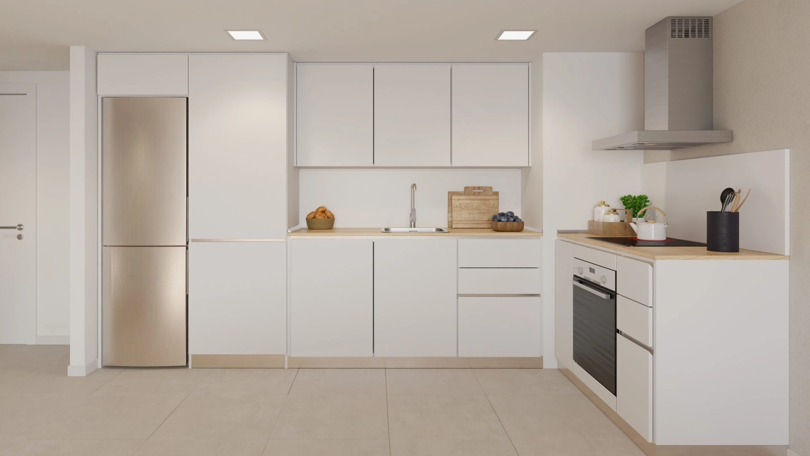 Moderne, volledig uitgeruste keuken met hoogwaardige apparatuur en strakke, eigentijdse lijnen.