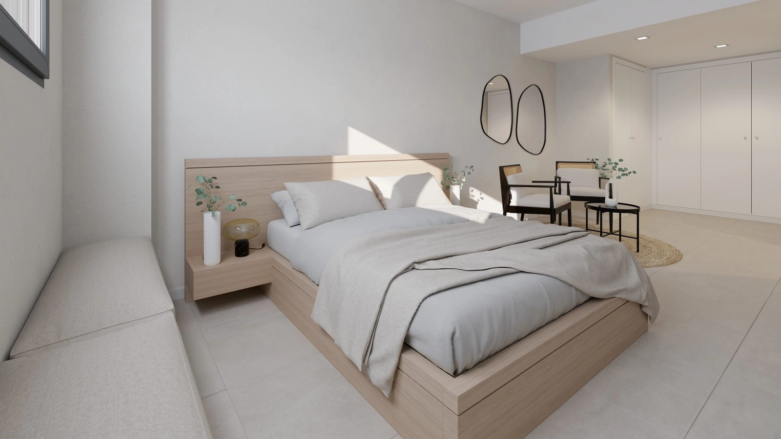 De rustgevende hoofdslaapkamer, een vredig toevluchtsoord met een kalm en modern design.