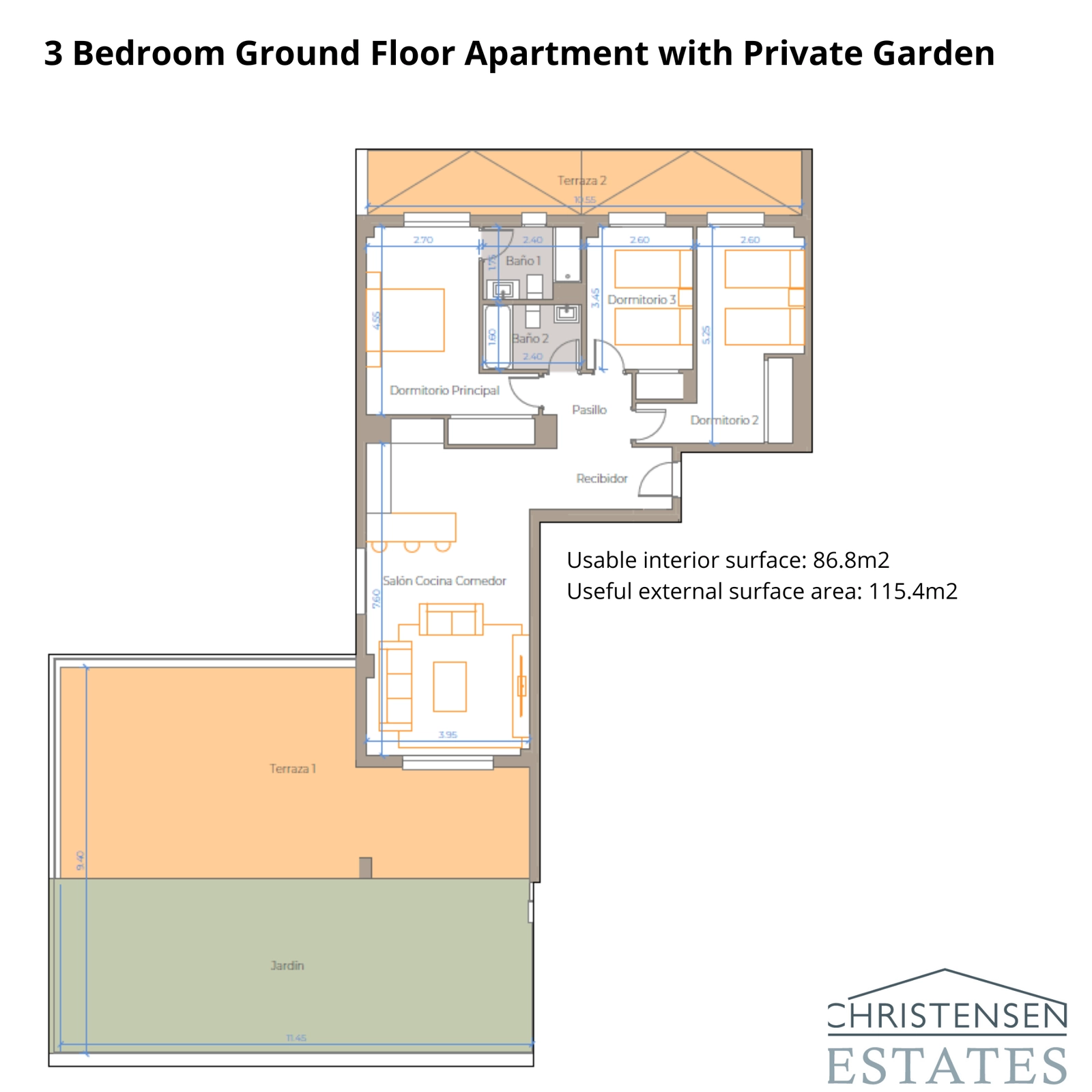 Deze begane grond plattegrond met drie slaapkamers toont royale leefruimtes die uitkomen op een groot terras en tuin.