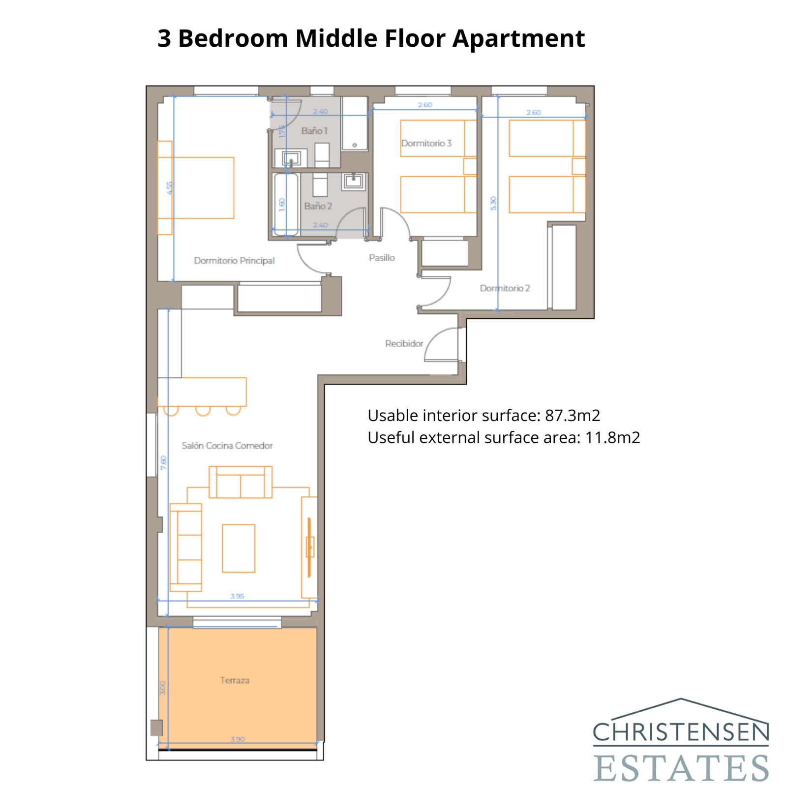 Een goed ontworpen appartementindeling met drie slaapkamers, die ruimte, licht en toegang tot een privéterras optimaliseert.