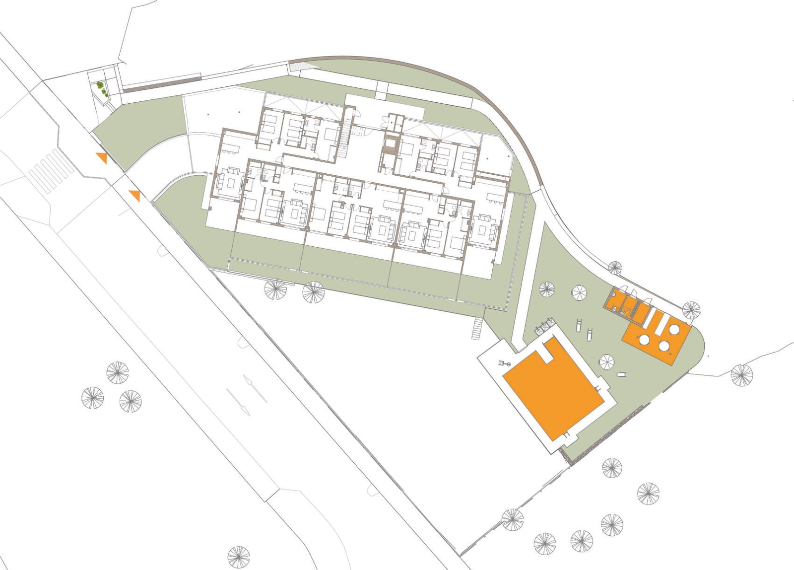 Locatieplan voor Fase 1, met de positie van het gebouw, het gemeenschappelijke zwembad en de aangelegde tuinen.