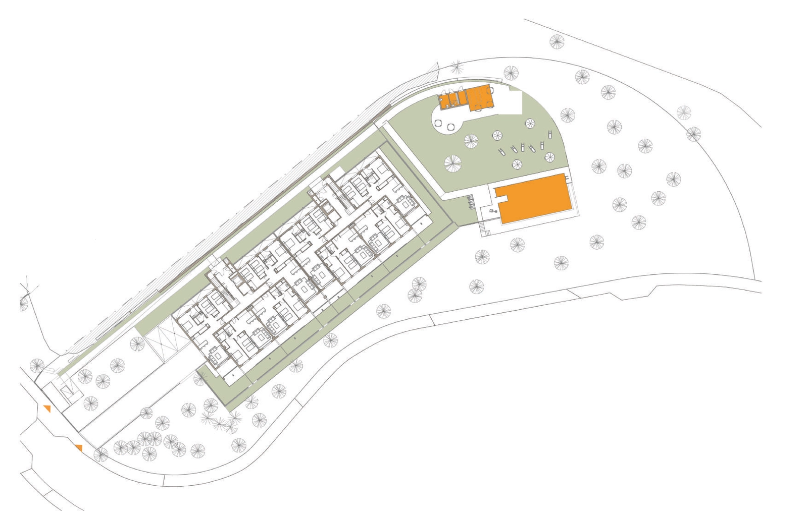 Overzicht van het locatieplan voor Fase 2, met de indeling van de woningen en gedeelde voorzieningen.