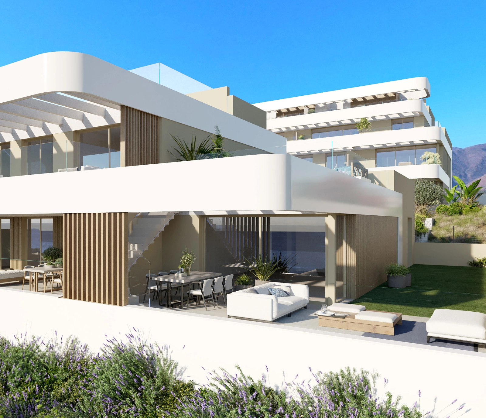 Moderne architectuur met elegante lijnen, ontworpen om op te gaan in de natuurlijke omgeving en maximaal comfort te bieden.