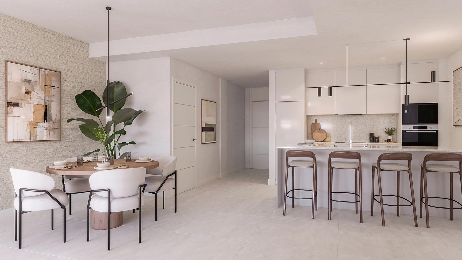 Een open keuken en eetruimte, volledig uitgerust met hoogwaardige apparatuur voor modern wonen.