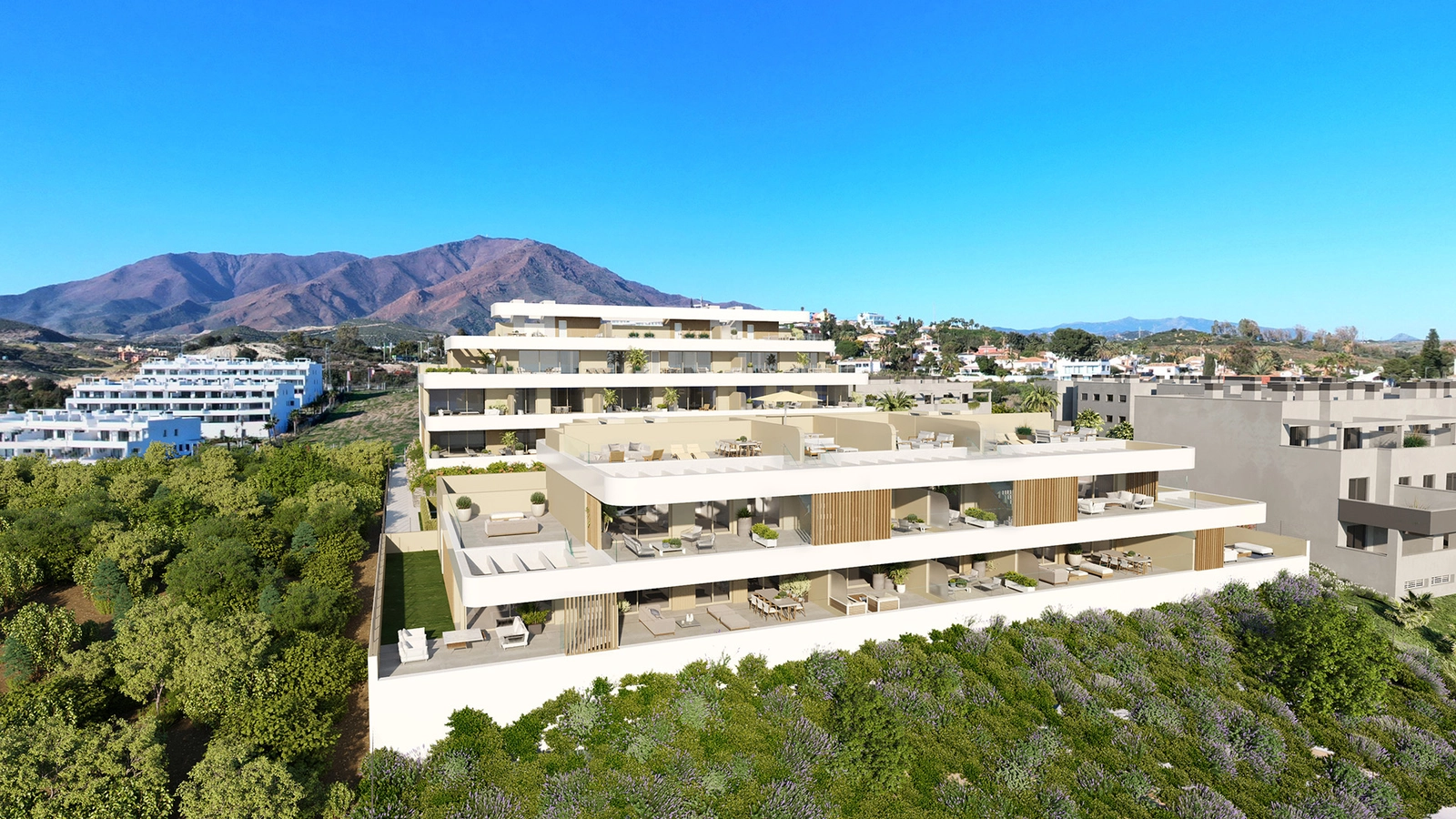 Een luchtfoto van Celestia Homes, een modern project tegen het prachtige berglandschap van Estepona.