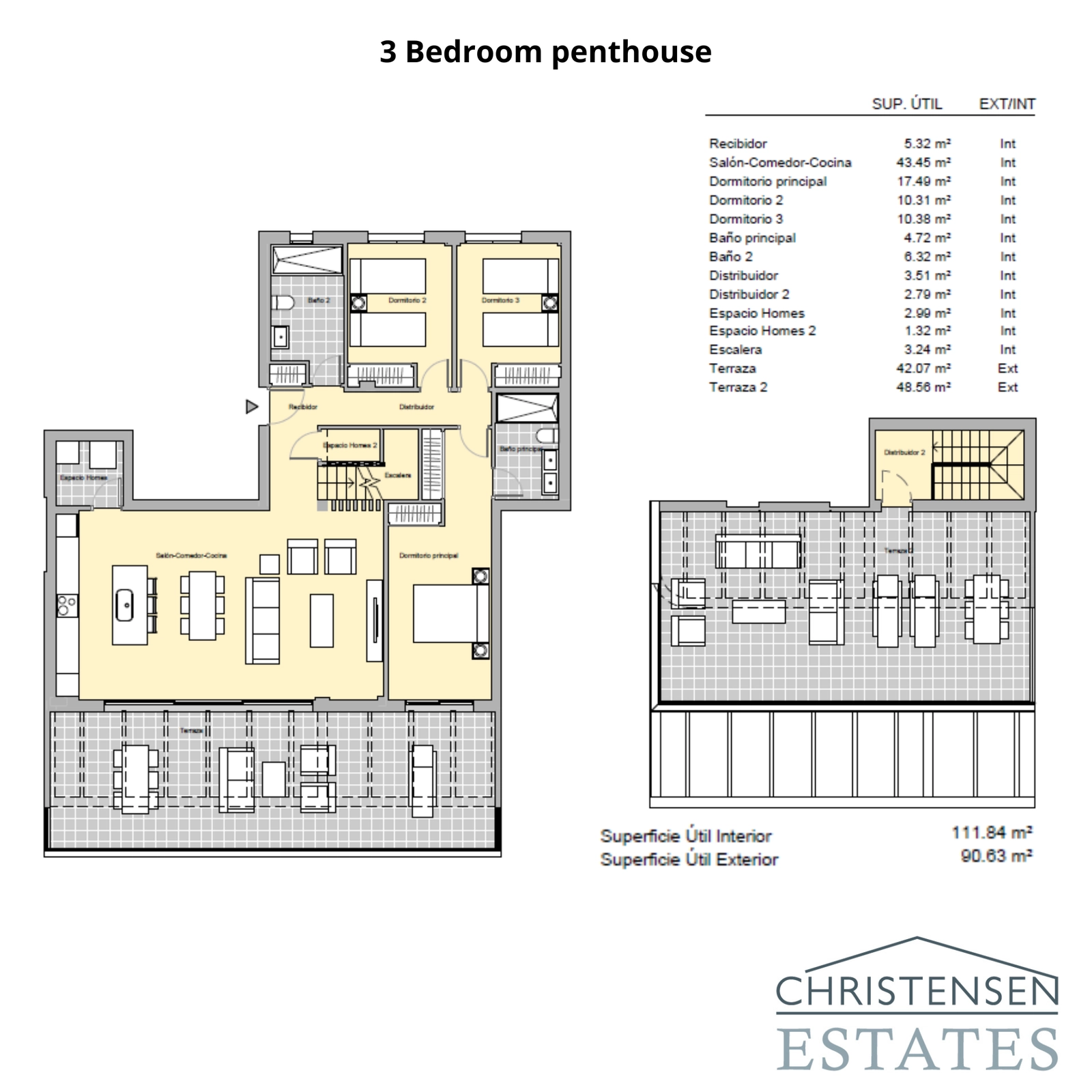De plattegrond voor een penthouse met drie slaapkamers, ontworpen voor comfort en luxe met royale leefruimtes en meerdere terrassen.