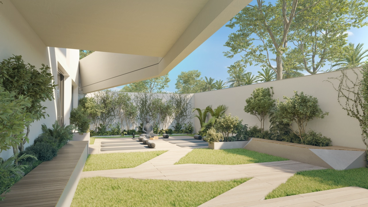 Vind uw balans en rust in de speciale mindfulness- en yogazone buiten, omringd door groen.