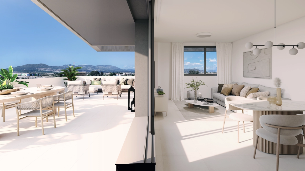 Lichte en ruime woonruimtes die naadloos aansluiten op de buitenterrassen, waardoor een perfecte binnen-buitenbeleving ontstaat.