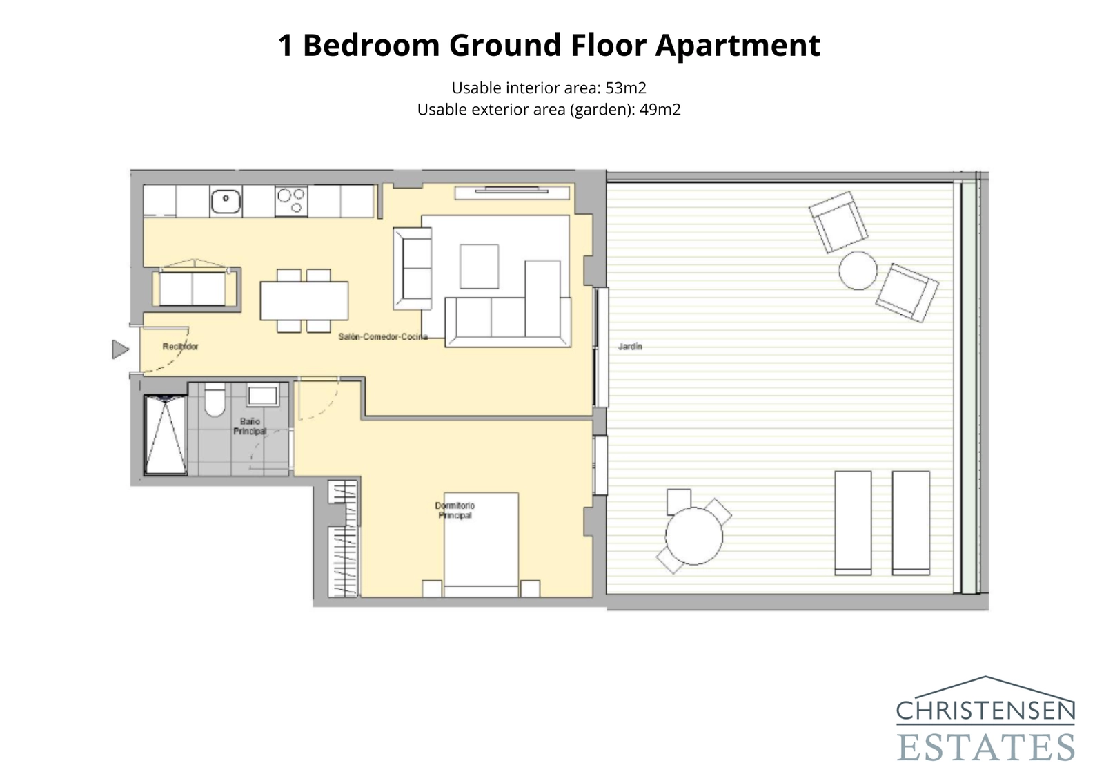 Woning op de begane grond met één slaapkamer – Een goed ontworpen indeling met ruime interieurs die verbonden zijn met een royale privétuin.