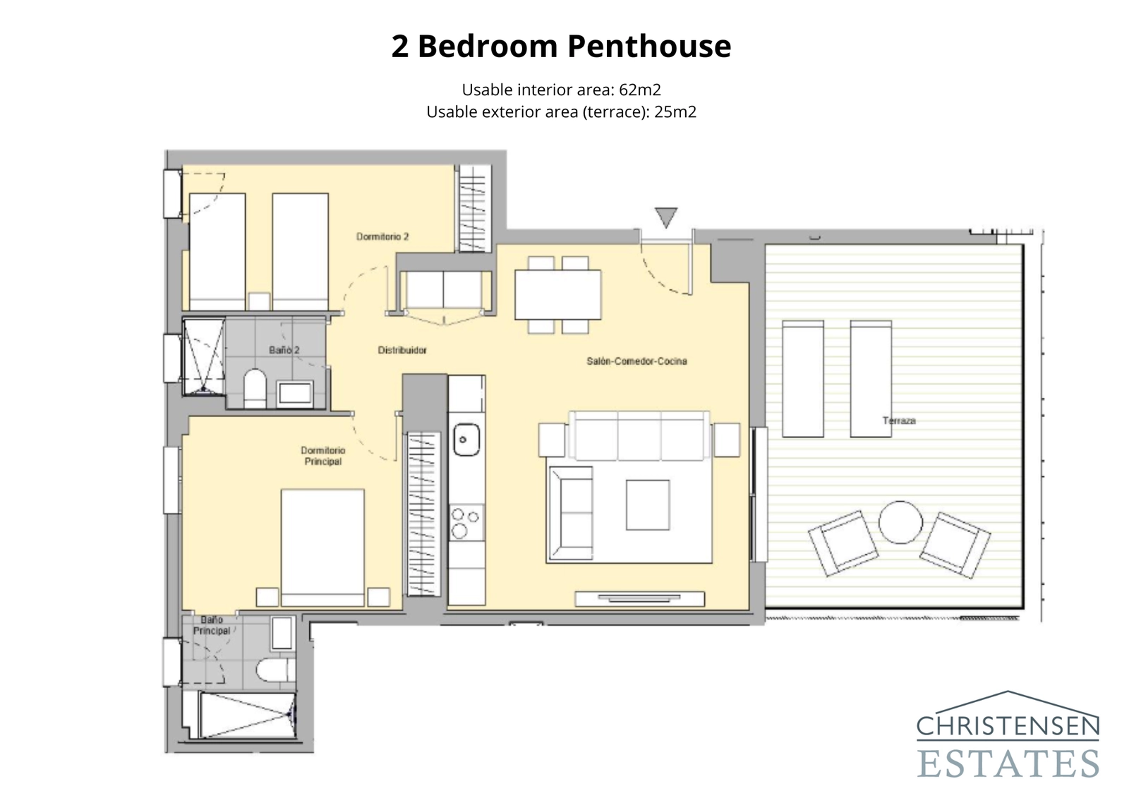 Penthouse met twee slaapkamers – Een efficiënte plattegrond die ruimte en licht maximaliseert, met toegang tot een prachtig terras.