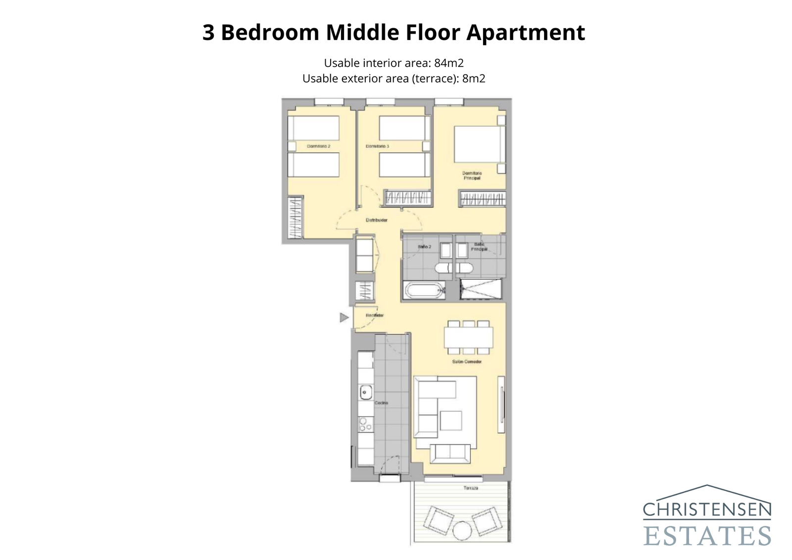 Appartement met drie slaapkamers – Een gezinsvriendelijk ontwerp met een duidelijke scheiding tussen woon- en slaapgedeeltes voor comfort en privacy.