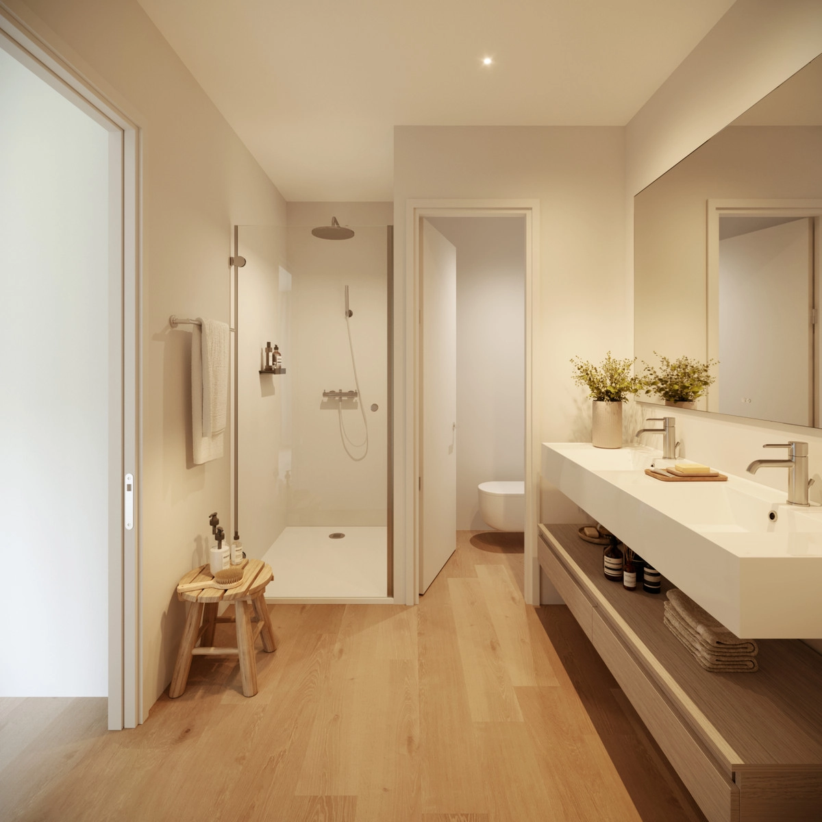 Een eigentijdse badkamer met strakke lijnen en hoogwaardige materialen.