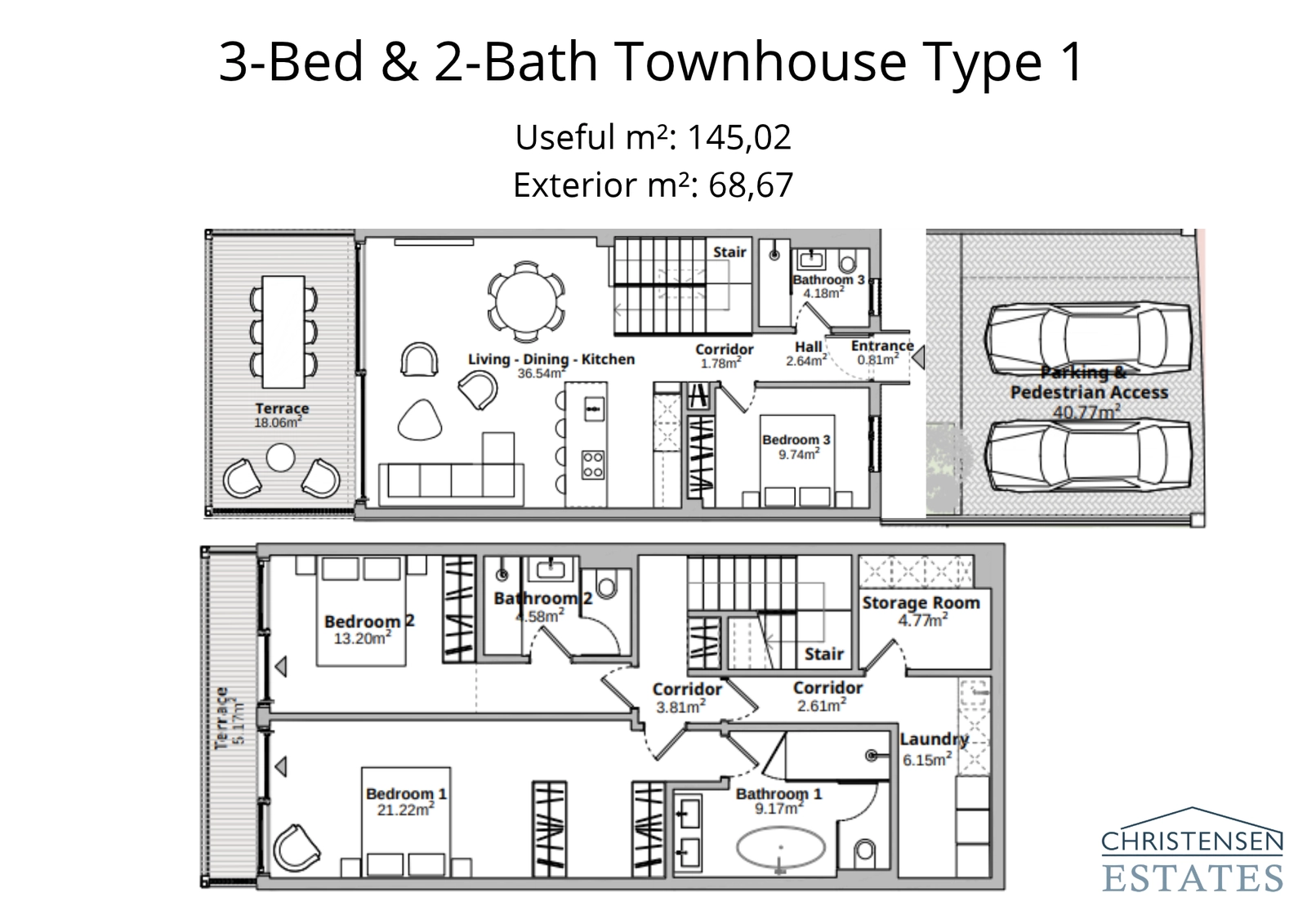 Plattegrond voor een rijtjeswoning met drie slaapkamers, met een ruime open woonkamer en royale buitenterrassen.