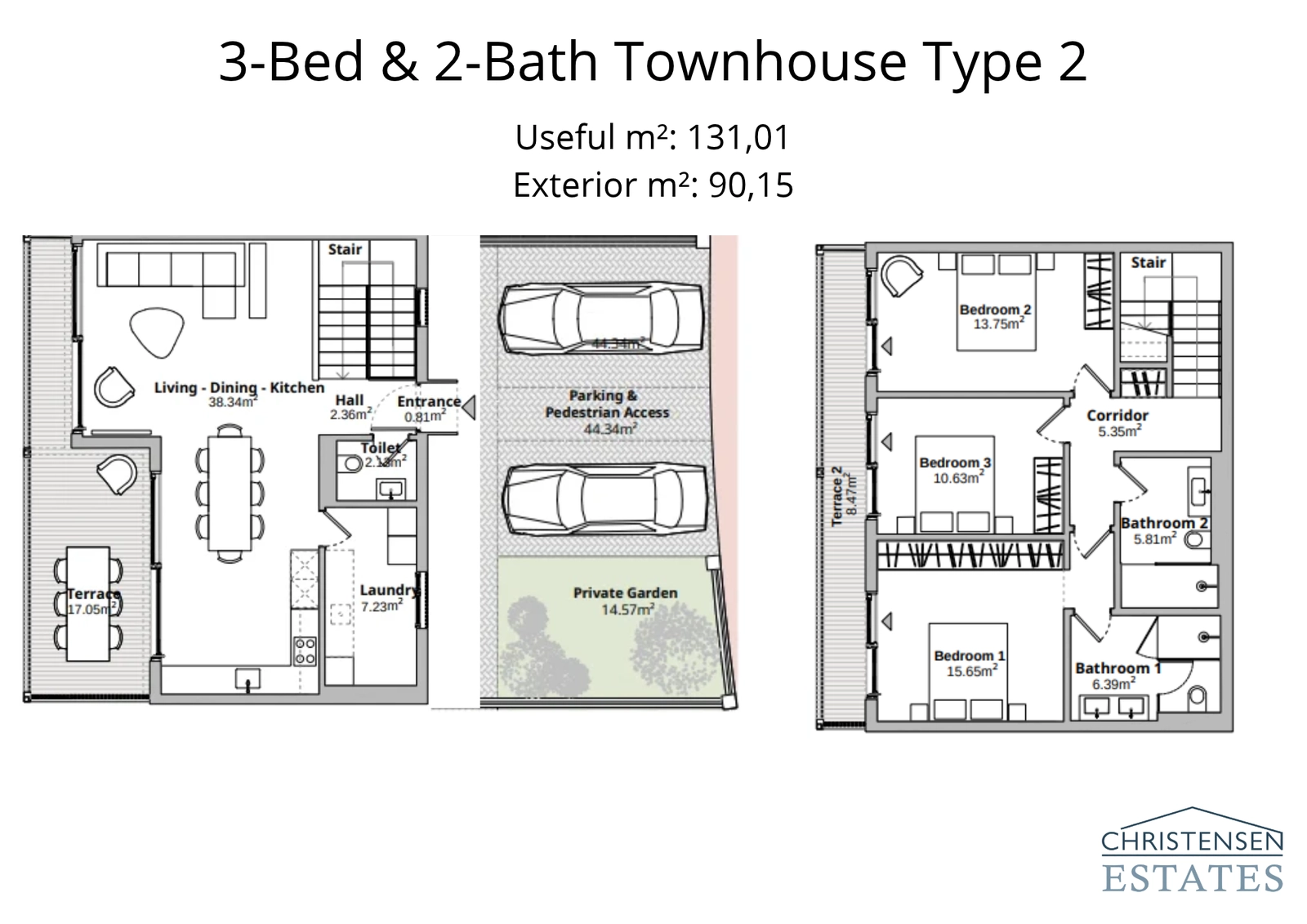 Indeling voor een rijtjeswoning met drie slaapkamers, met een privétuin, goed ingedeelde leefruimtes en praktische slaapkamerindelingen.