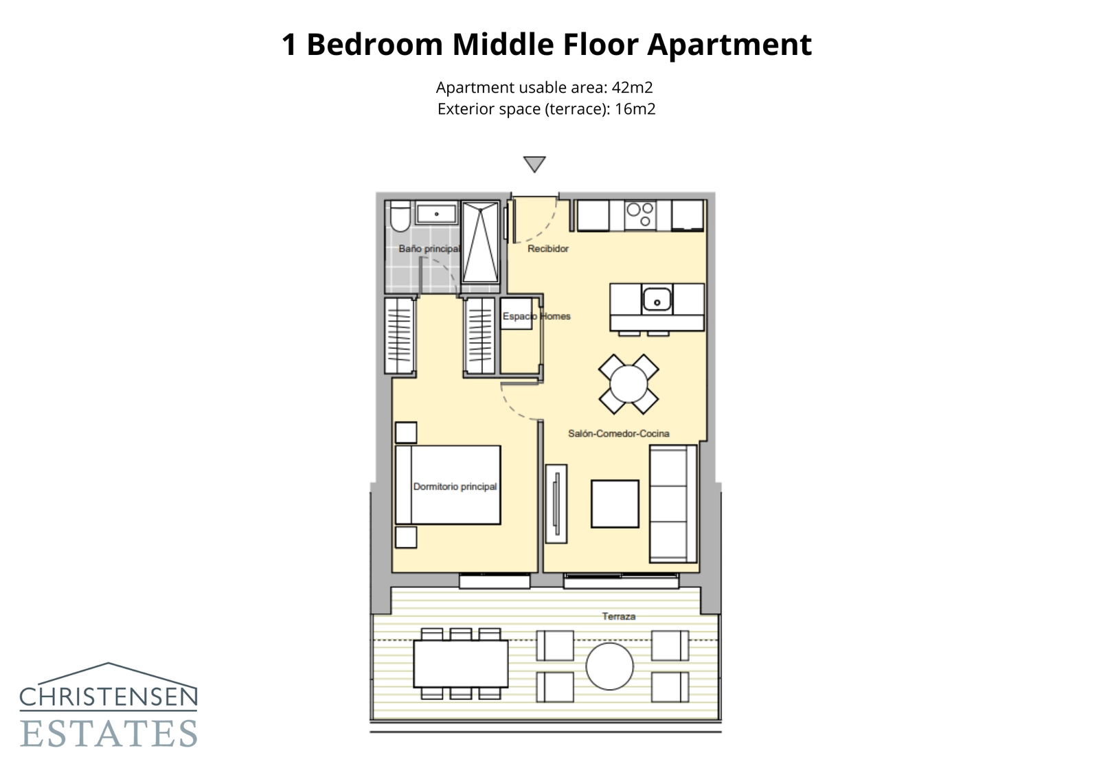 Plattegrond van een appartement met één slaapkamer, met een efficiënte indeling en een royaal terras om optimaal te genieten van binnen- en buitenleven.