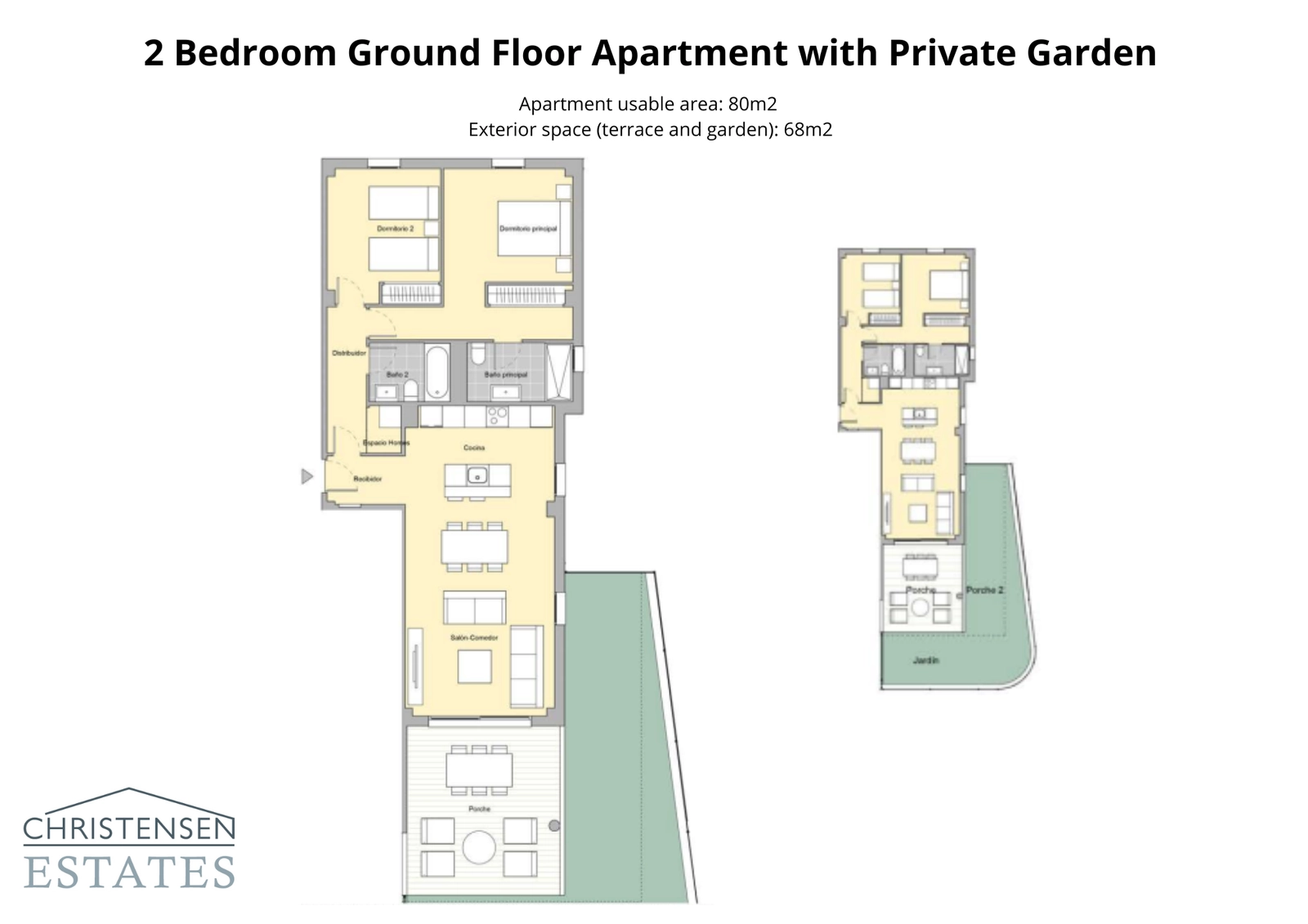 Deze plattegrond op de begane grond met twee slaapkamers omvat een ruim terras en een privétuin, perfect voor gezinnen en buiten entertainment.