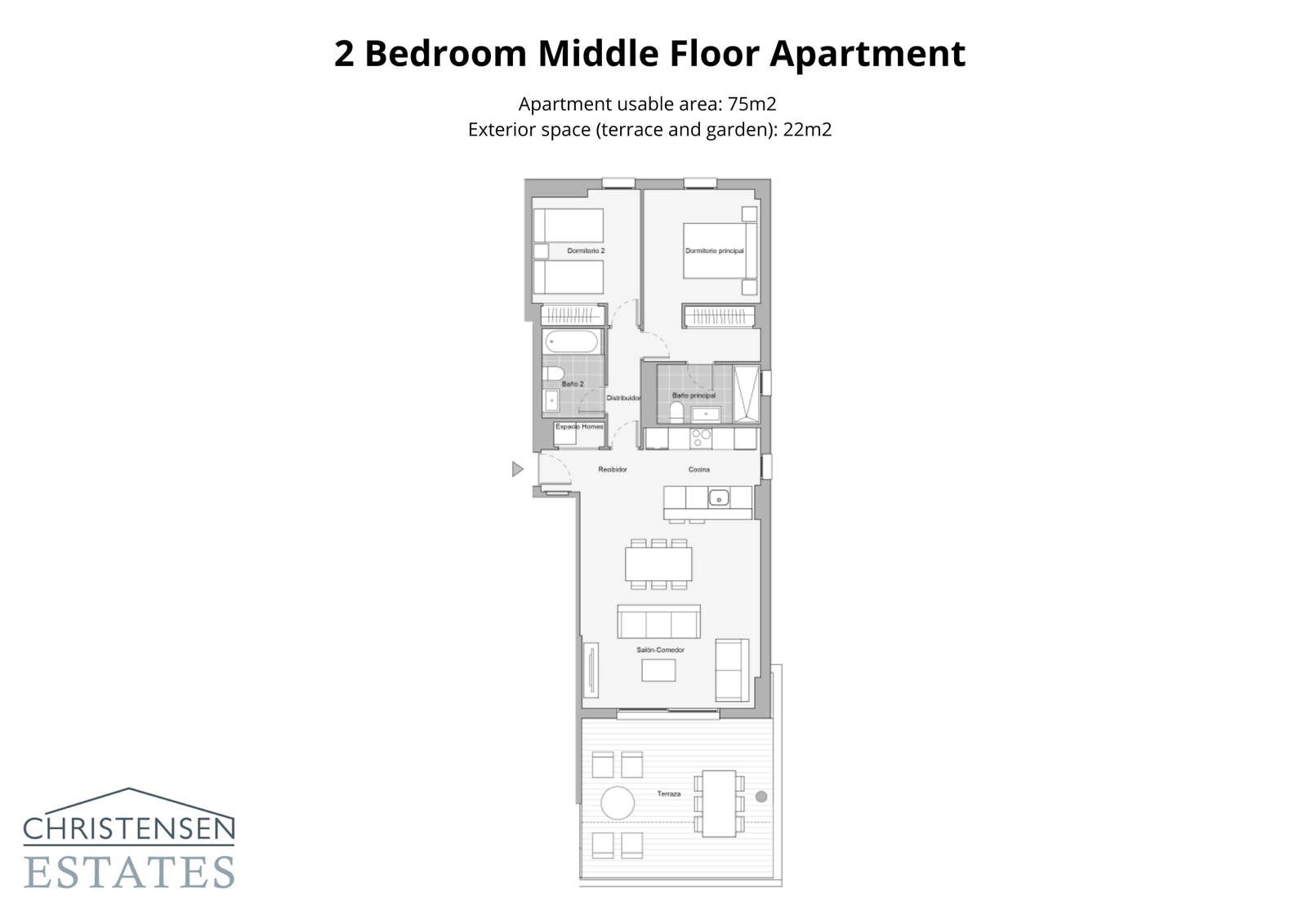 Een goed ontworpen appartement met twee slaapkamers, dat een comfortabele woonruimte biedt met twee badkamers en een groot terras om te ontspannen.