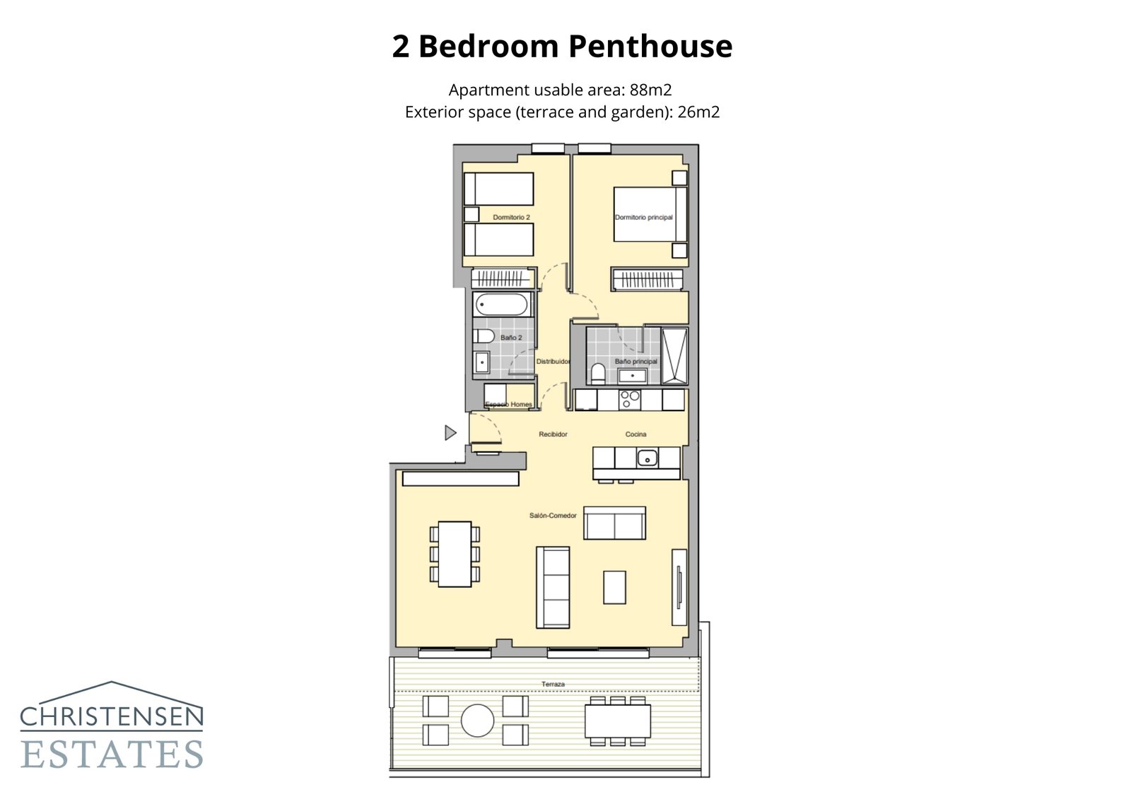 De plattegrond van het penthouse met twee slaapkamers biedt een uitzonderlijke woonervaring met een open design en royale terrasruimte.