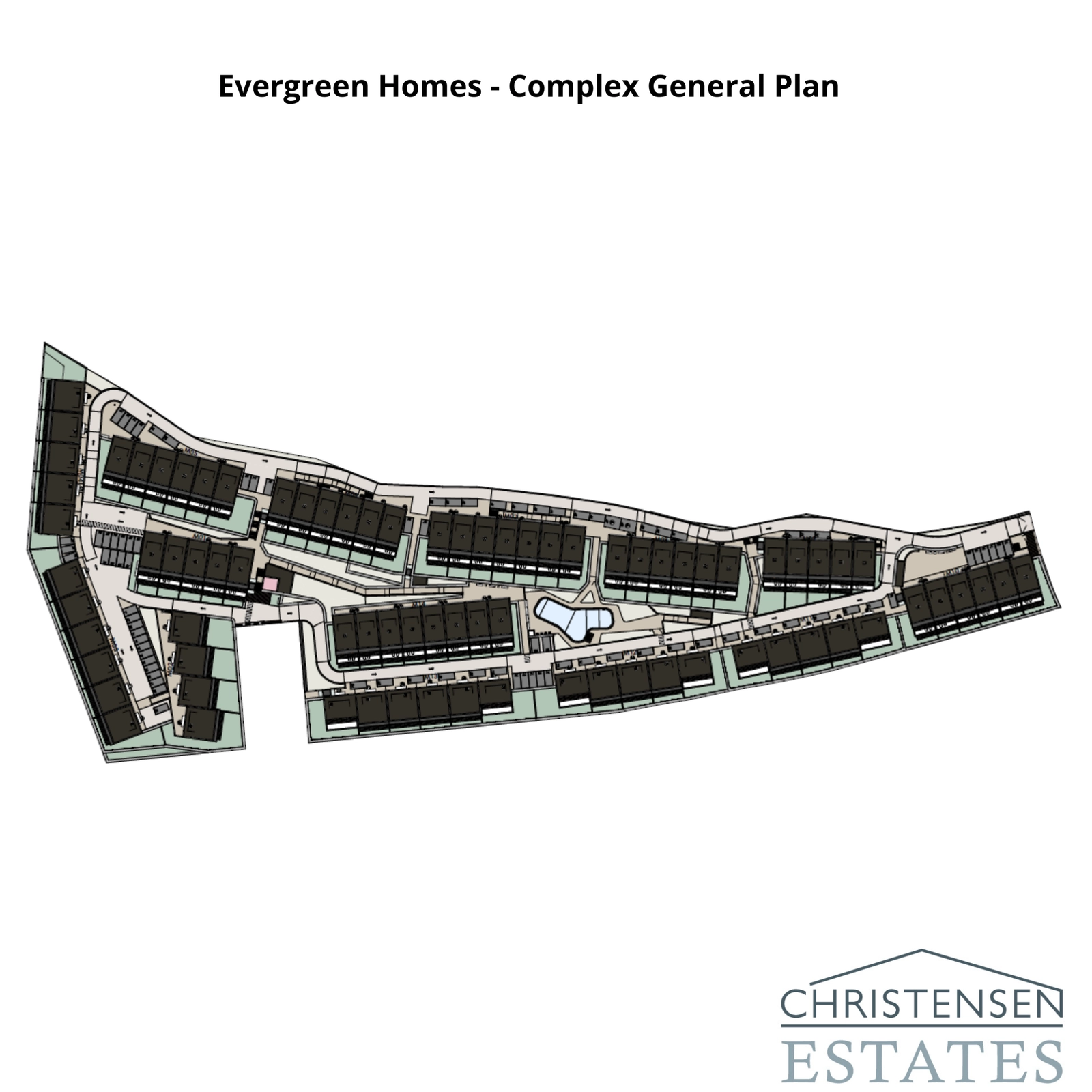 Het algemene terreinplan van Evergreen Homes, met de indeling van de 80 rijtjeshuizen, het gemeenschappelijke zwembad en de groene zones.
