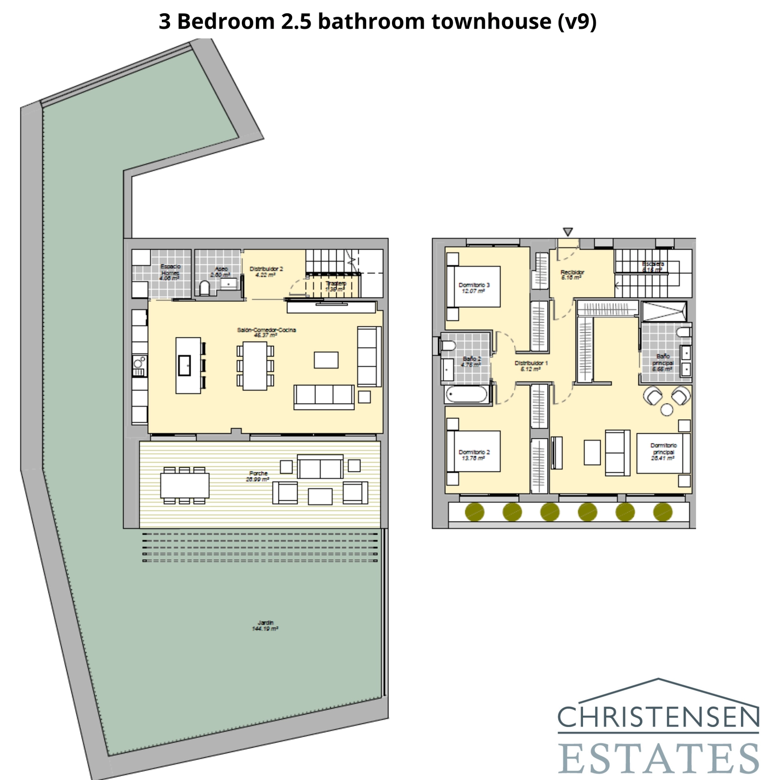 Deze indeling van een rijtjeshuis met drie slaapkamers beschikt over een ruime privétuin en een open woonruimte, ideaal voor binnen-buitenleven.