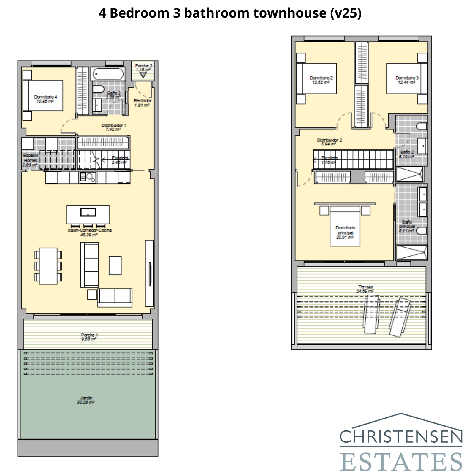 Het plan voor een rijtjeshuis met vier slaapkamers biedt volop ruimte voor gezinnen, met goed afgebakende woon- en slaapgedeeltes verdeeld over twee verdiepingen.