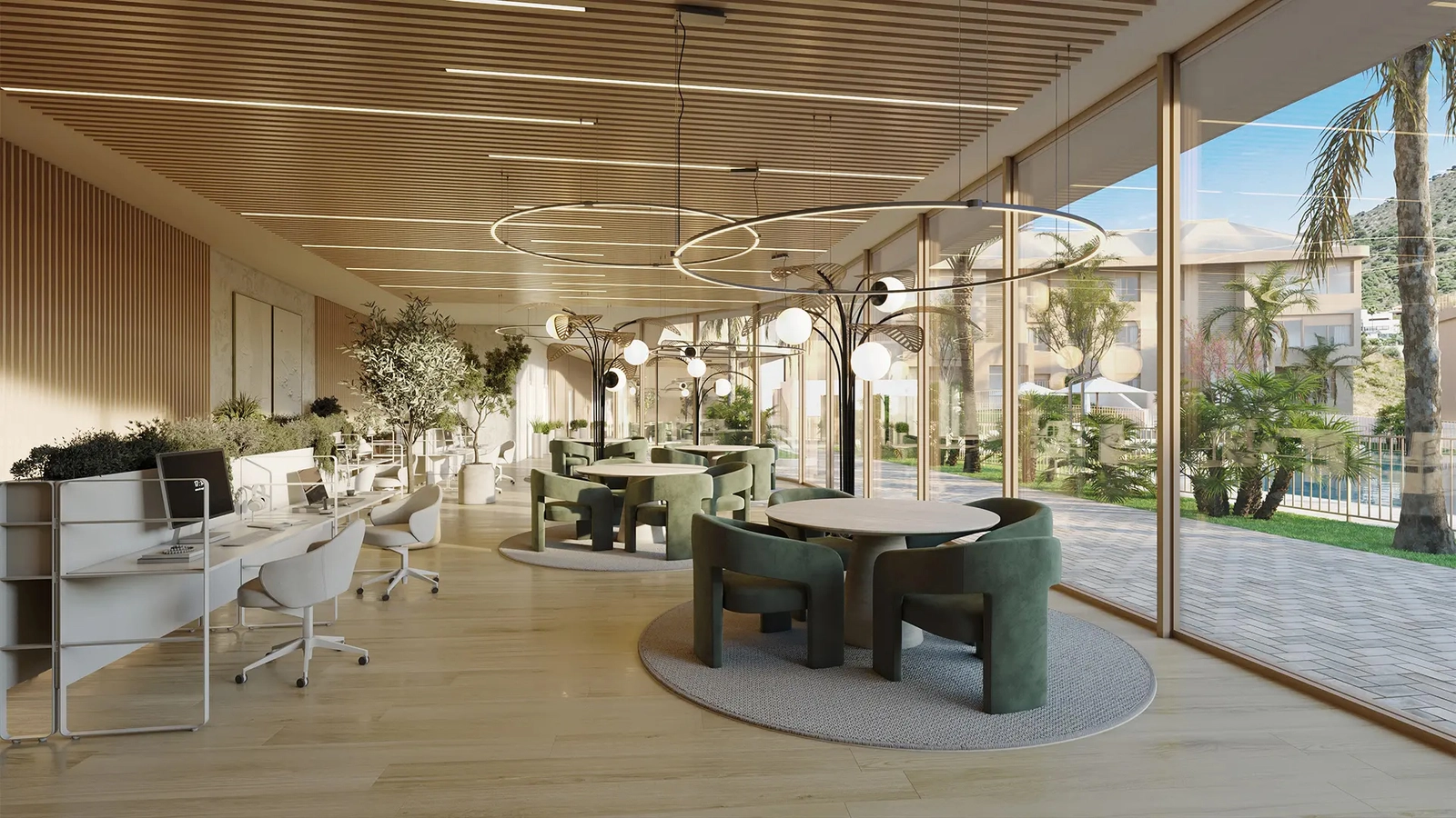 Co-working lounge waar bewoners comfortabel kunnen werken, vergaderen of ontspannen.