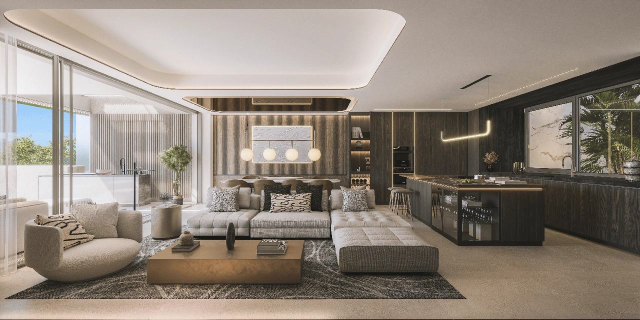 Een verfijnde keuken met hoogwaardige apparatuur integreert prachtig met de woon- en eetruimtes.