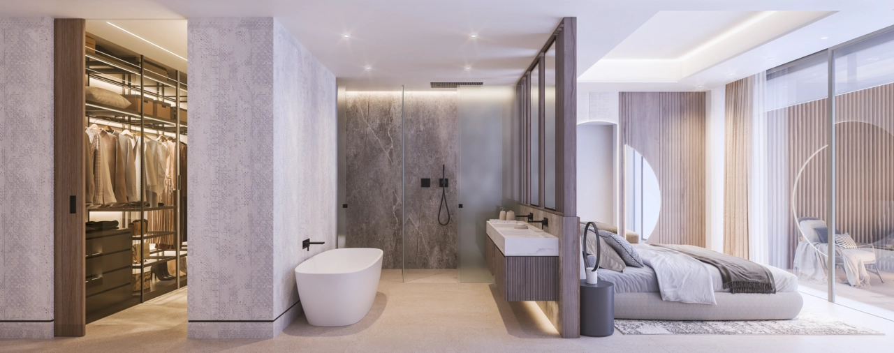 De master suite is een toevluchtsoord van comfort en stijl, compleet met een open badkamerconcept en een inloopkast.