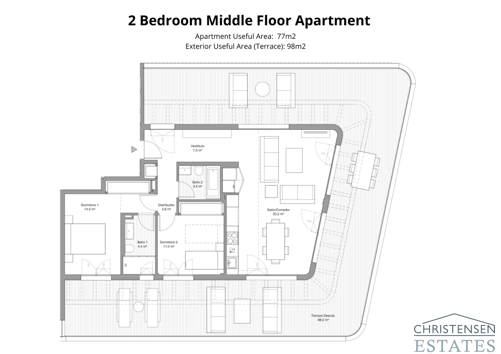 Een goed ontworpen appartementindeling met twee slaapkamers en een groot, omringend terras dat voldoende ruimte biedt om te zonnebaden en te dineren.