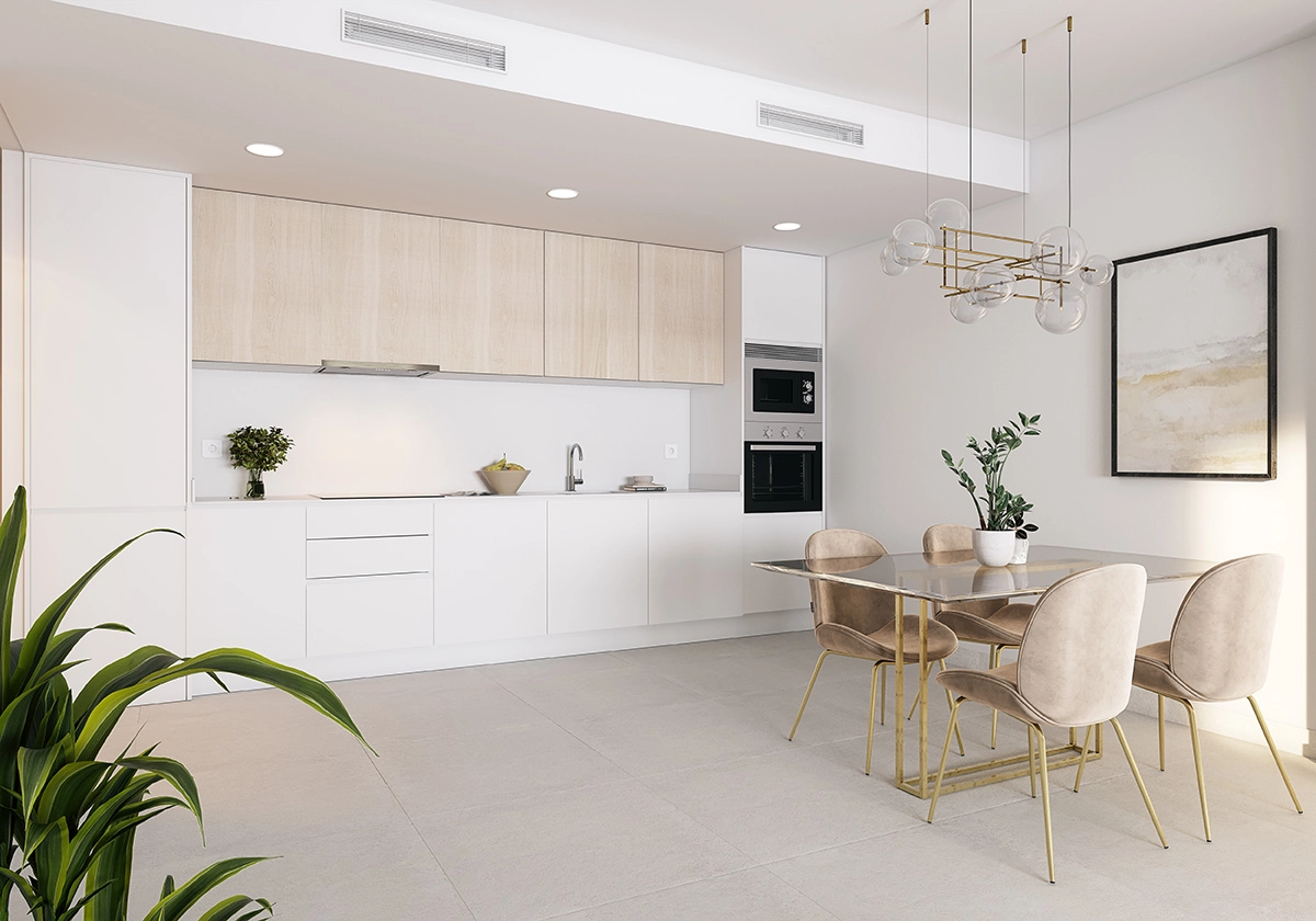 De moderne keuken is ontworpen met stijl en functionaliteit, voorzien van hoogwaardige apparatuur.