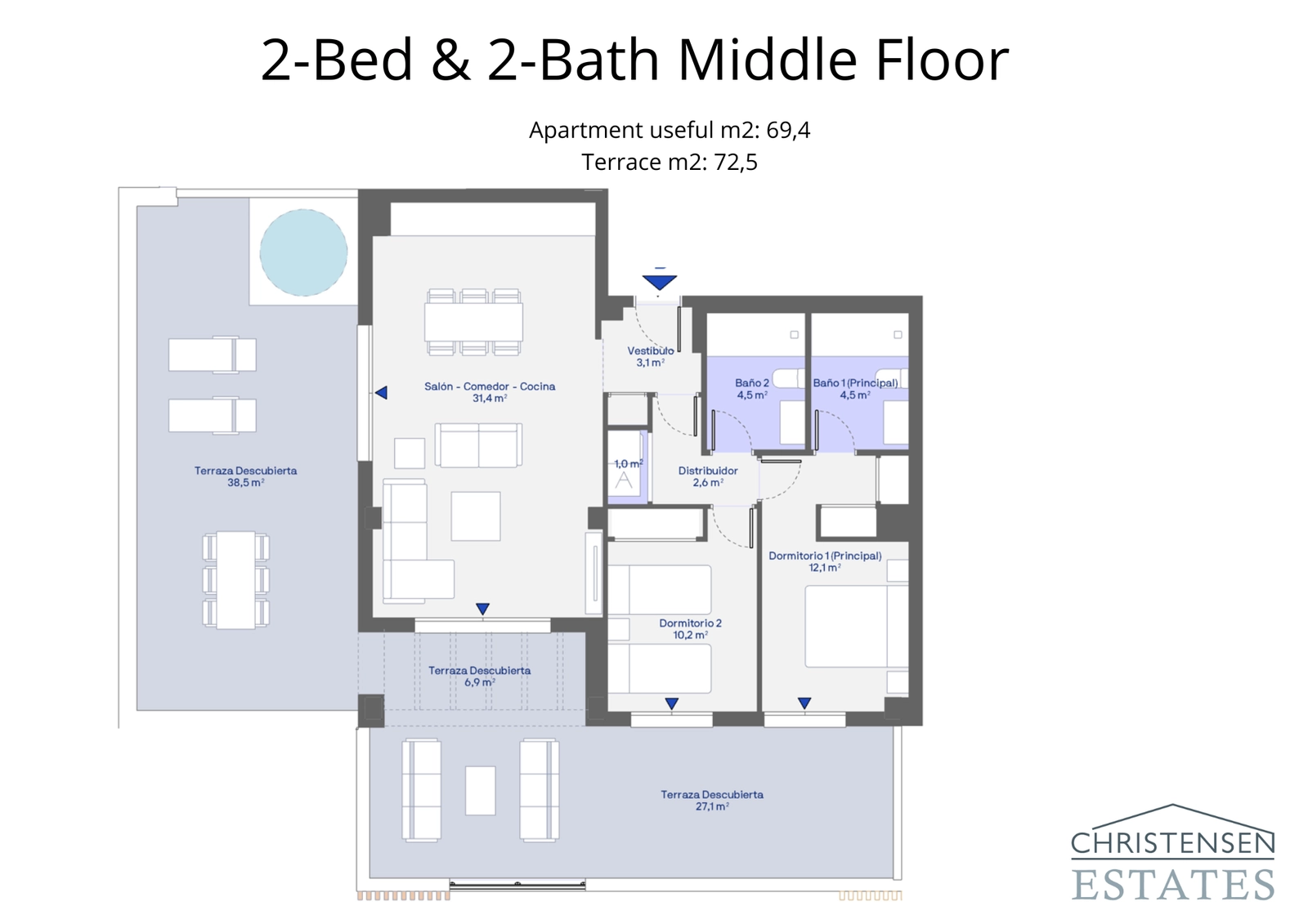 Een goed ontworpen verdiepingsplattegrond met twee slaapkamers en een ruim terras om optimaal te genieten van het buitenleven.