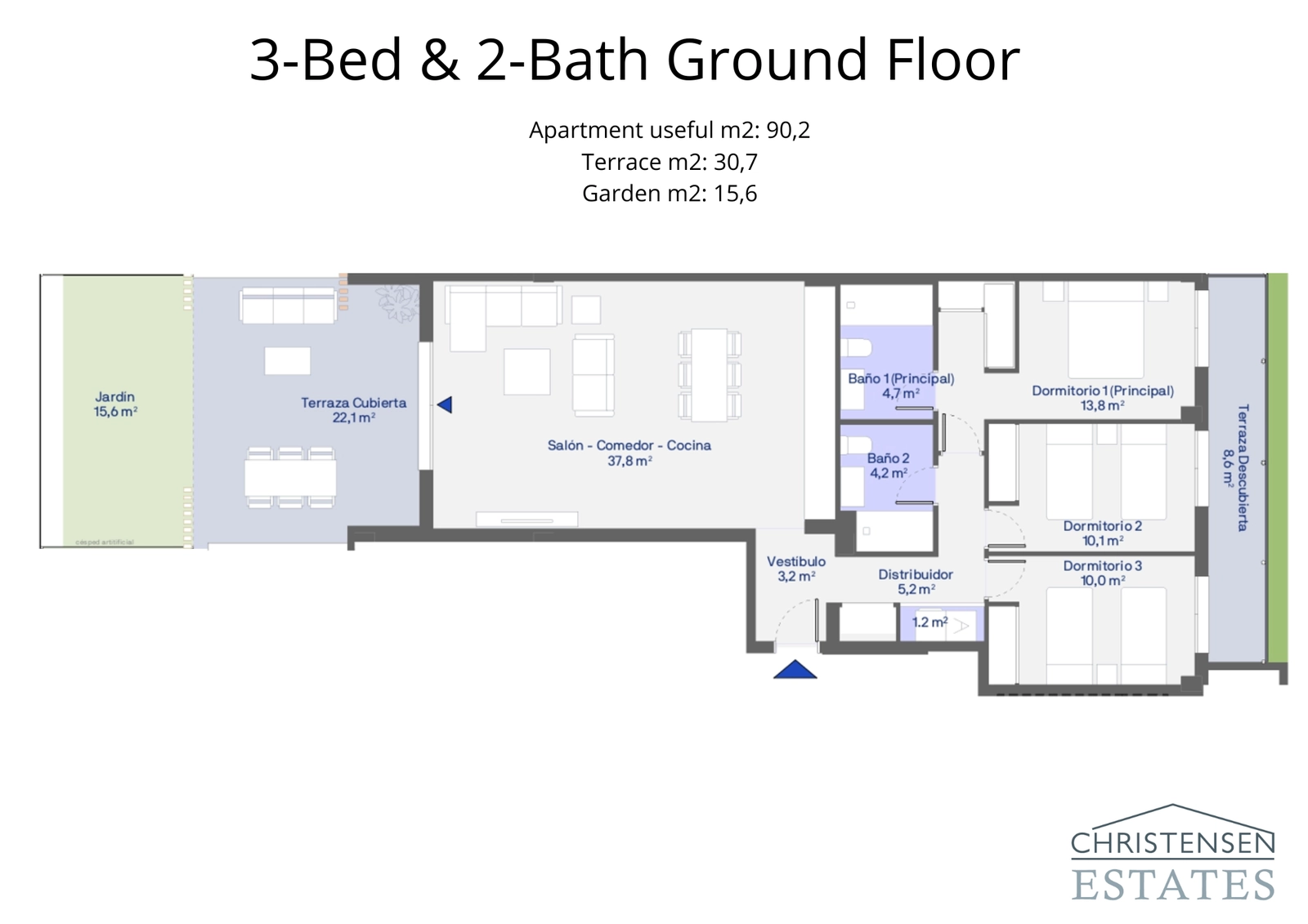 De woning op de begane grond met drie slaapkamers biedt een royale woonruimte die naadloos overloopt in een terras en tuin.