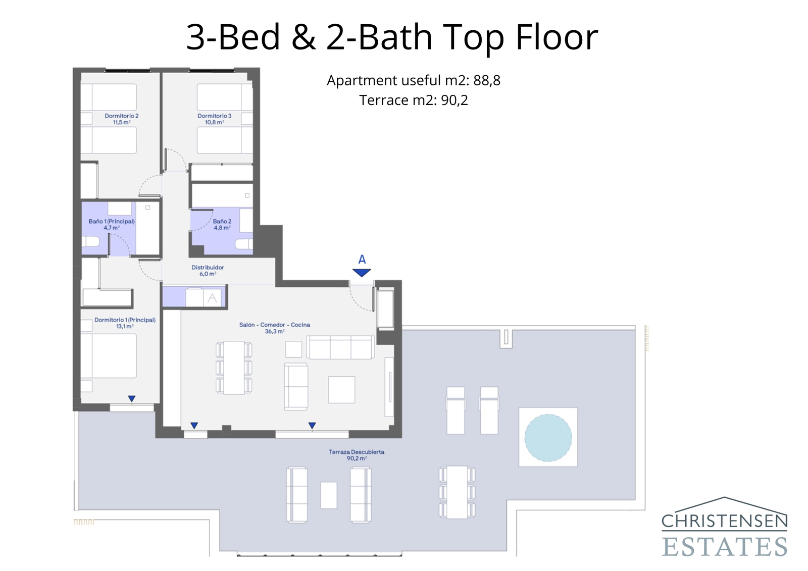 Deze plattegrond op de bovenste verdieping met drie slaapkamers toont een indrukwekkende open woonkamer en een uitgestrekt terras rondom.