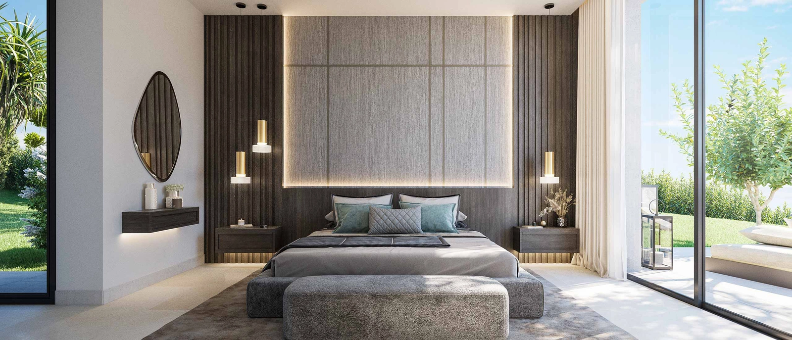 Elegante hoofdslaapkamers ontworpen als een privéheiligdom, met directe toegang tot de tuin.