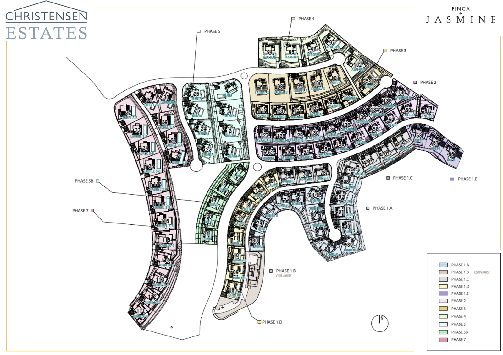 Een masterplan van de Finca de Jasmine gemeenschap, dat de doordachte indeling van de villa's en groene zones toont.
