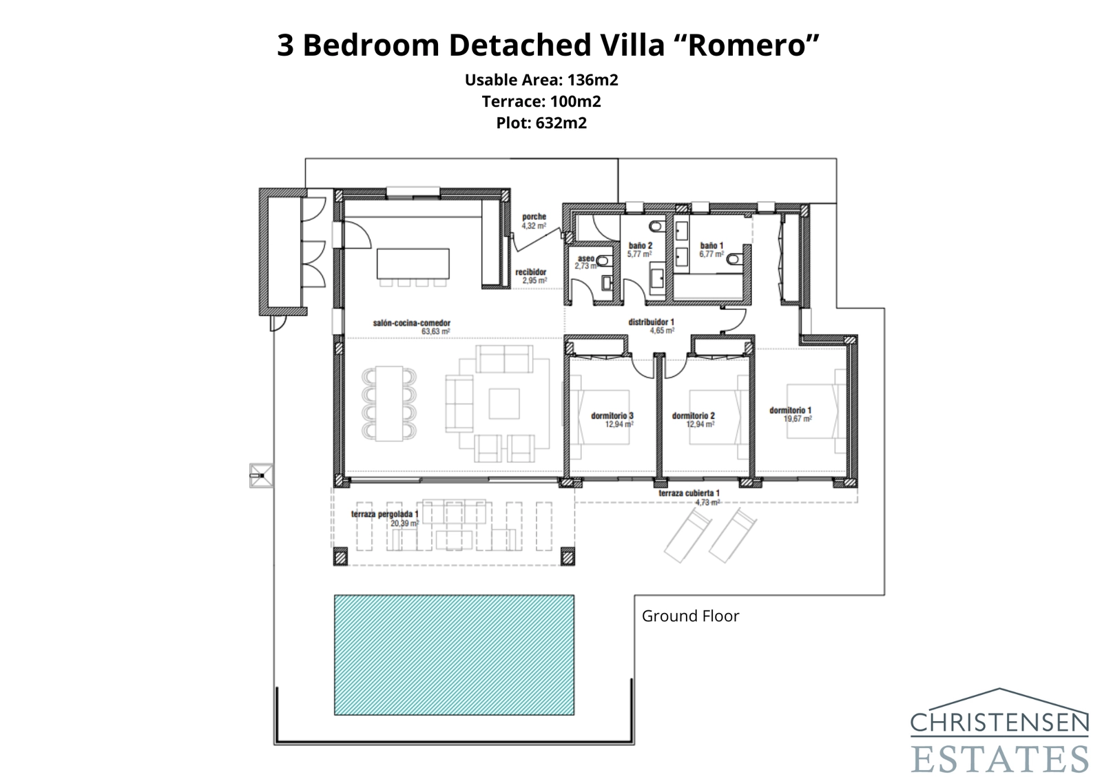 De plattegrond voor Villa Romero, een huis met drie slaapkamers ontworpen voor comfortabel gelijkvloers wonen met een naadloze overgang tussen binnen en buiten.