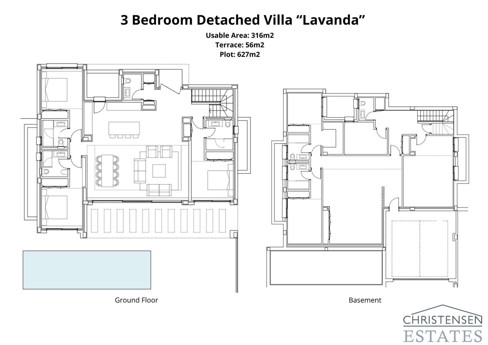 Dit plan toont de Villa Lavanda met drie slaapkamers, compleet met een grote kelder die extra ruimte biedt voor een fitnessruimte, bioscoop of opslag.