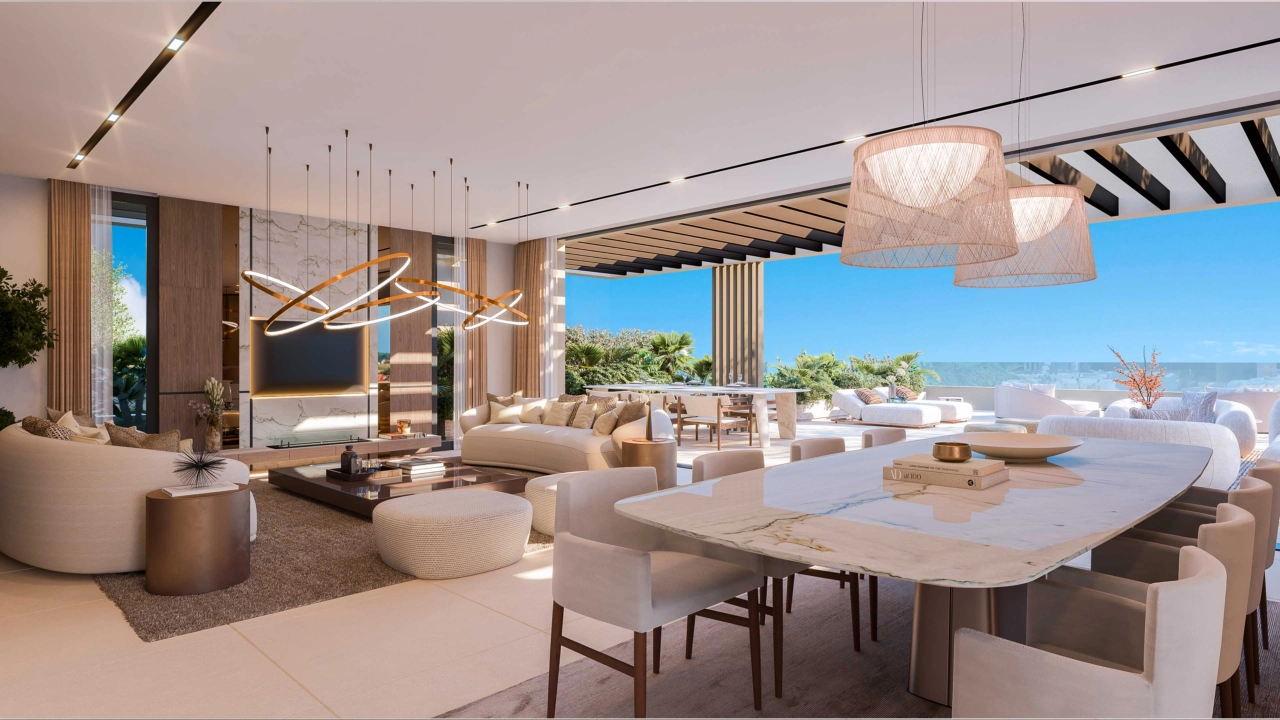 Een elegante, open woon- en eetkamer, ontworpen voor comfort en gevuld met natuurlijk licht.