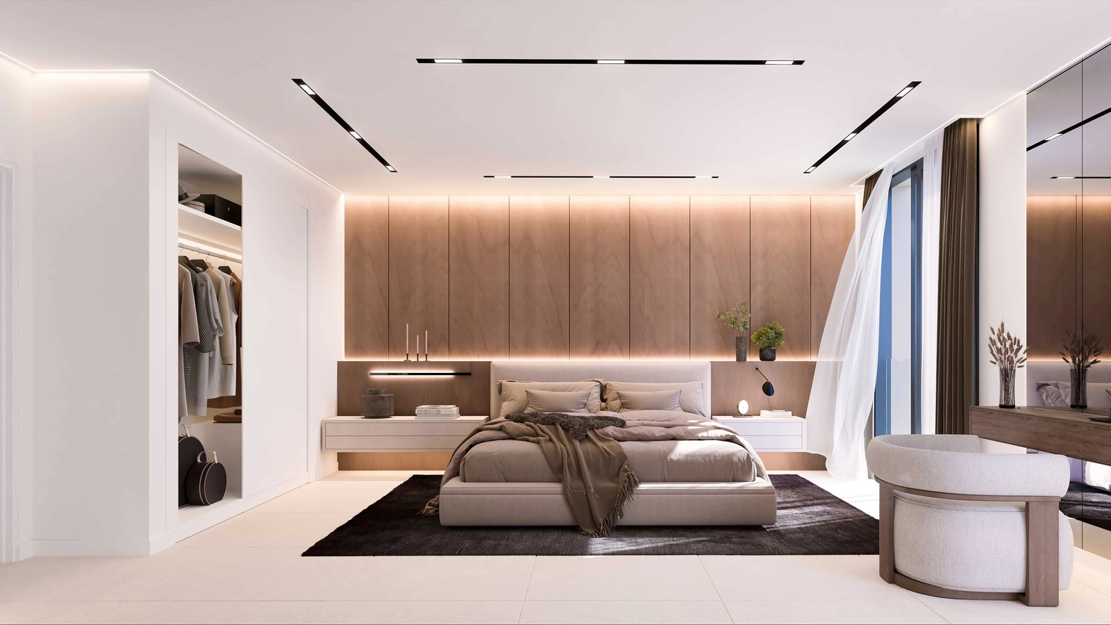 De hoofdslaapkamers zijn serene toevluchtsoorden, ontworpen met verfijnde stijl en hoogwaardige materialen.