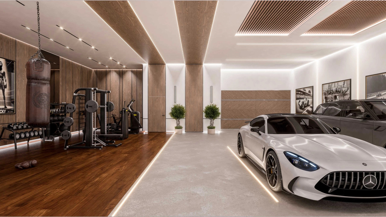 Een privé ondergrondse garage met ruimte voor voertuigen en potentieel voor een persoonlijke fitnessruimte of opslag.