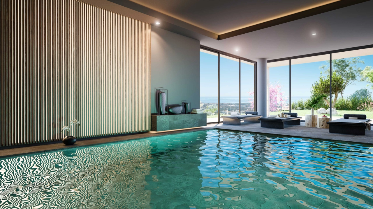 Het overdekte spa-zwembad, een rustige ruimte voor bewoners om het hele jaar door te ontspannen en te verjongen.