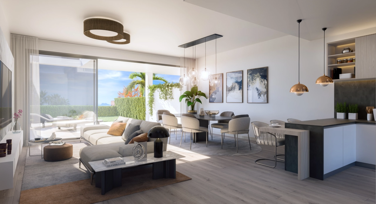 De lichte en ruime woonkamer sluit naadloos aan op de privétuin, wat een perfecte binnen-buitenlevensstijl creëert.