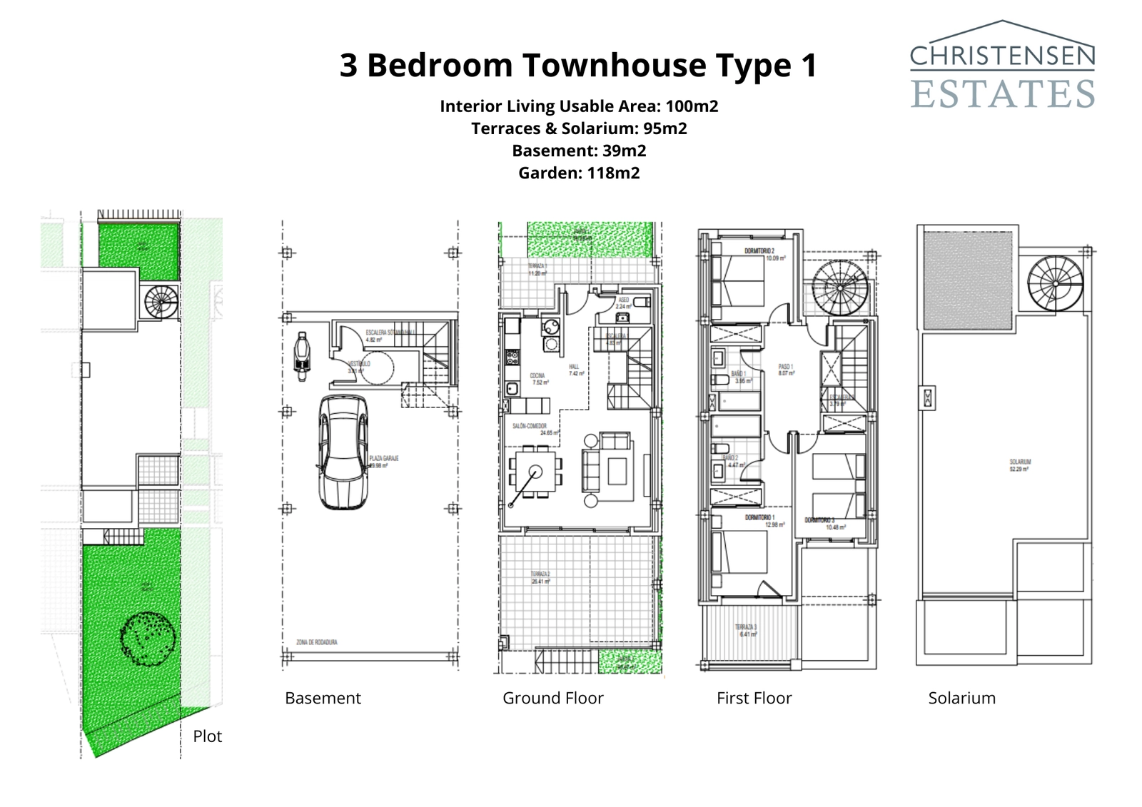 Plattegrond van de Type 1 rijtjeswoning met drie slaapkamers, met een ruime begane grond, privétuin, garage en een groot dakterras voor optimaal woongenot.